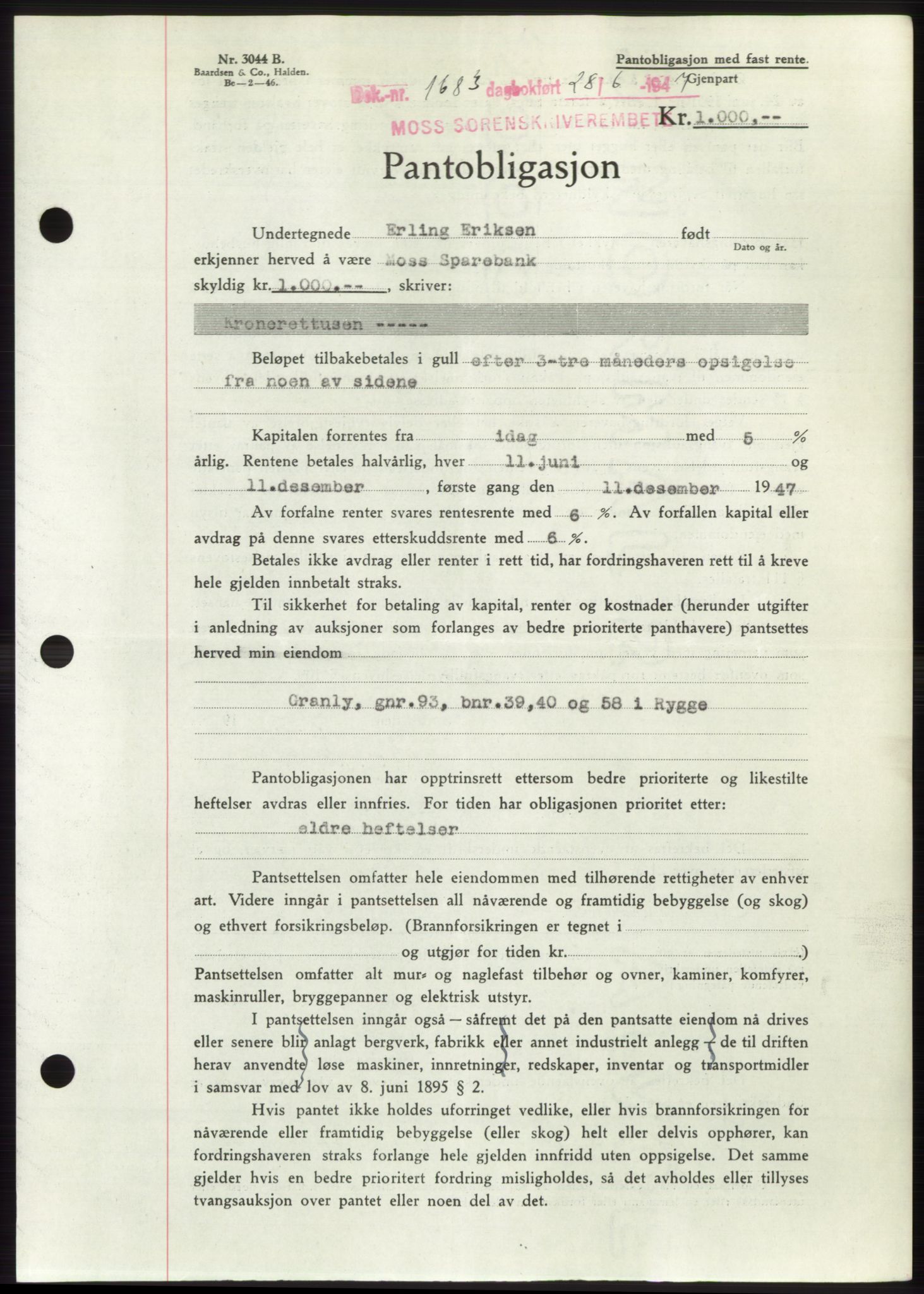 Moss sorenskriveri, SAO/A-10168: Pantebok nr. B17, 1947-1947, Dagboknr: 1683/1947