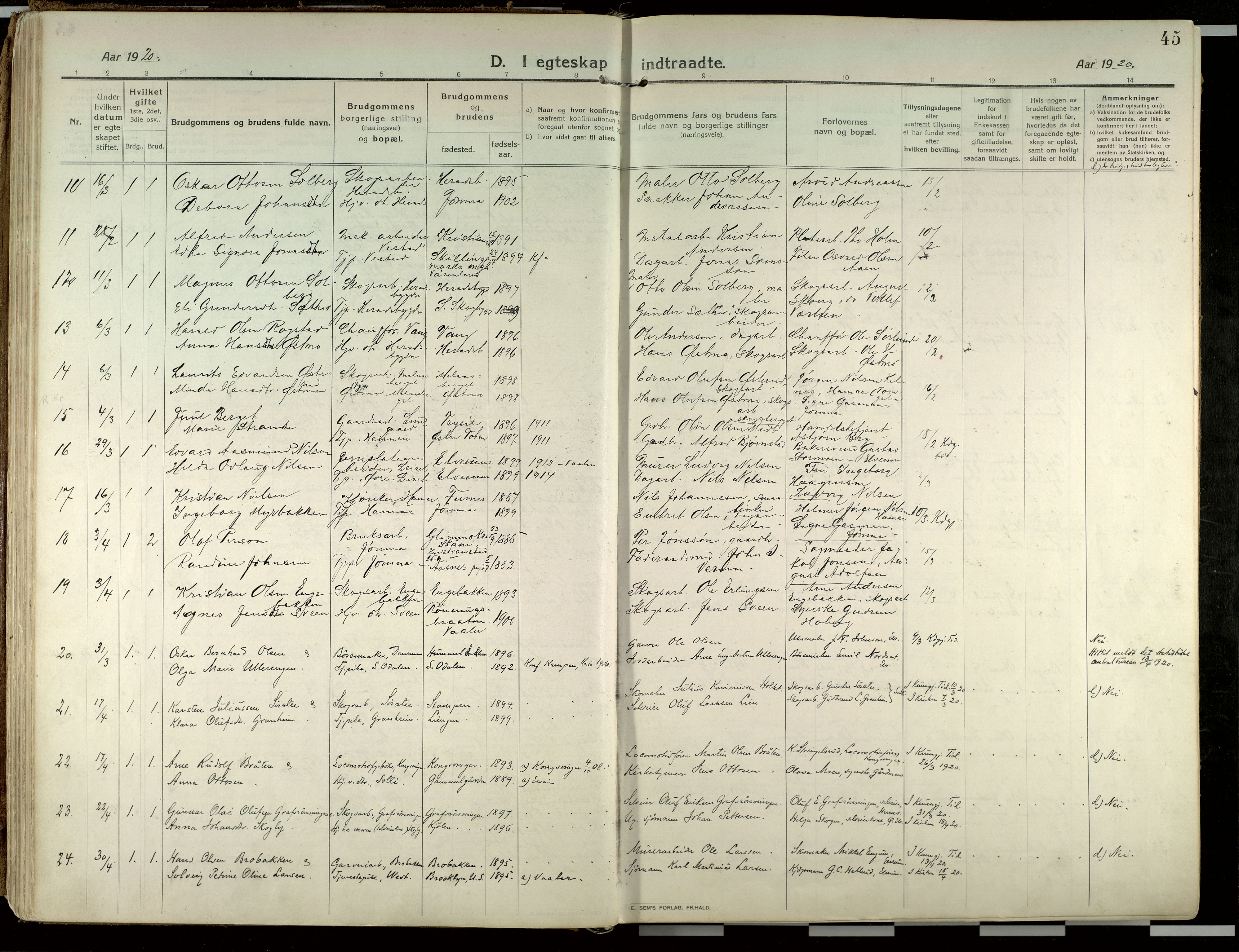 Elverum prestekontor, AV/SAH-PREST-044/H/Ha/Haa/L0021: Ministerialbok nr. 21, 1913-1928, s. 45