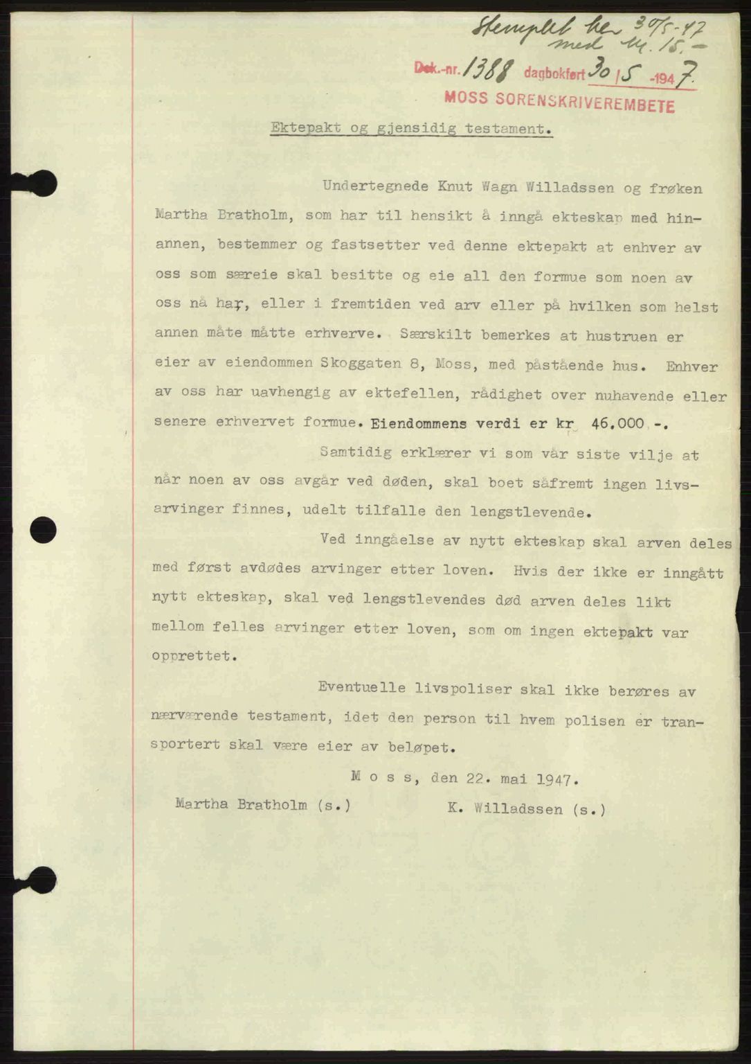 Moss sorenskriveri, SAO/A-10168: Pantebok nr. A17, 1947-1947, Dagboknr: 1388/1947