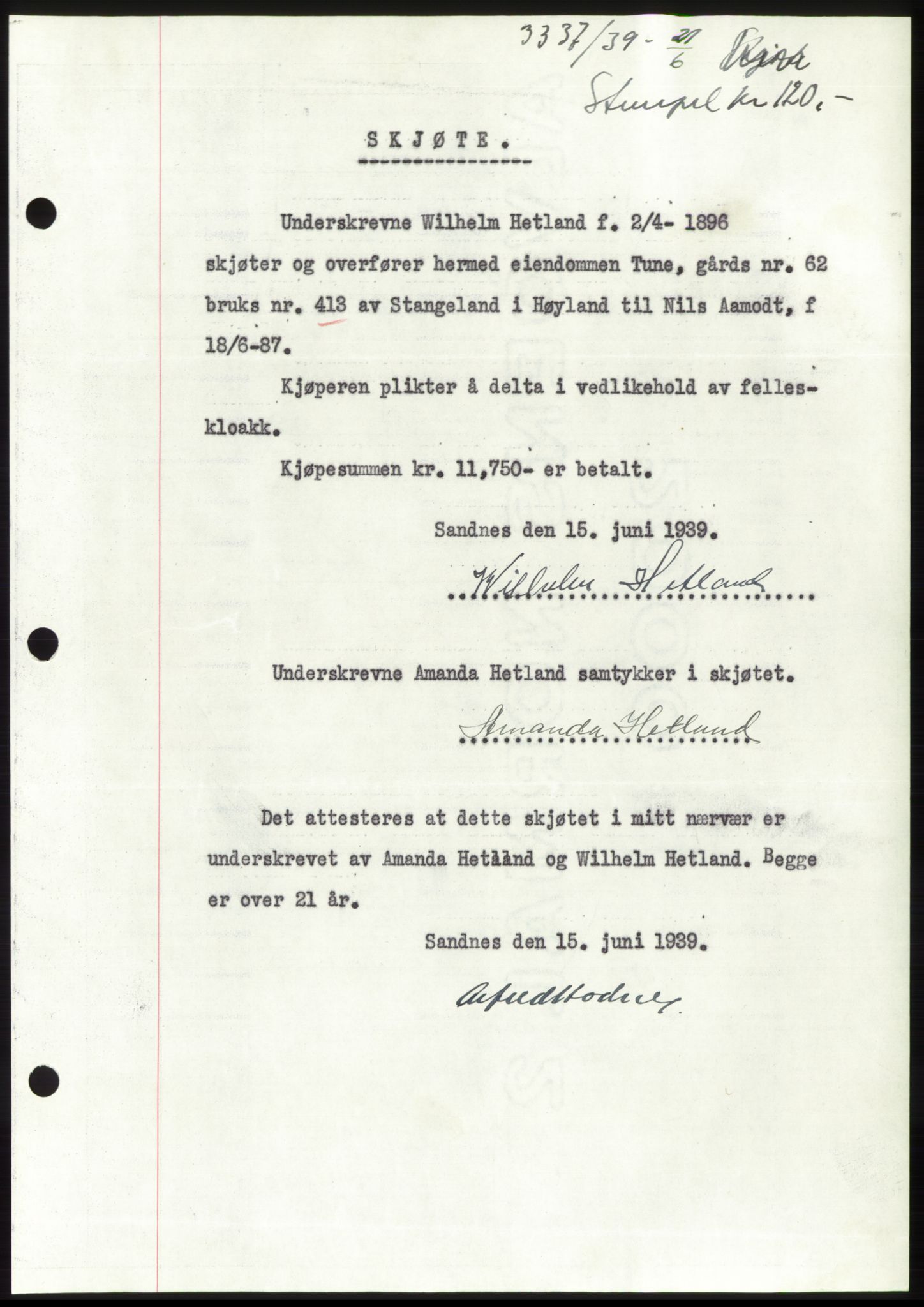 Jæren sorenskriveri, SAST/A-100310/03/G/Gba/L0074: Pantebok, 1939-1939, Dagboknr: 3337/1939