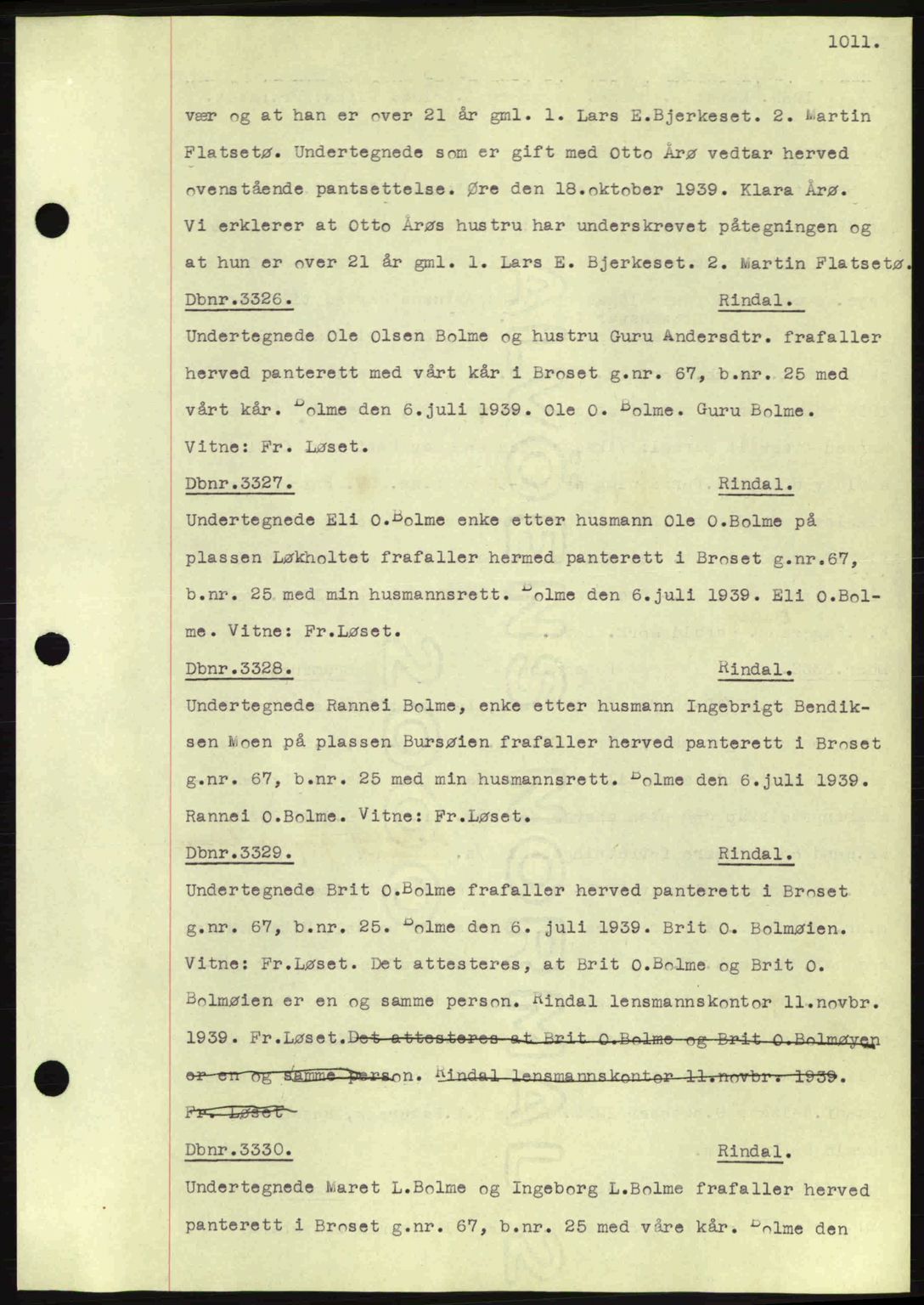 Nordmøre sorenskriveri, SAT/A-4132/1/2/2Ca: Pantebok nr. C80, 1936-1939, Dagboknr: 3326/1939