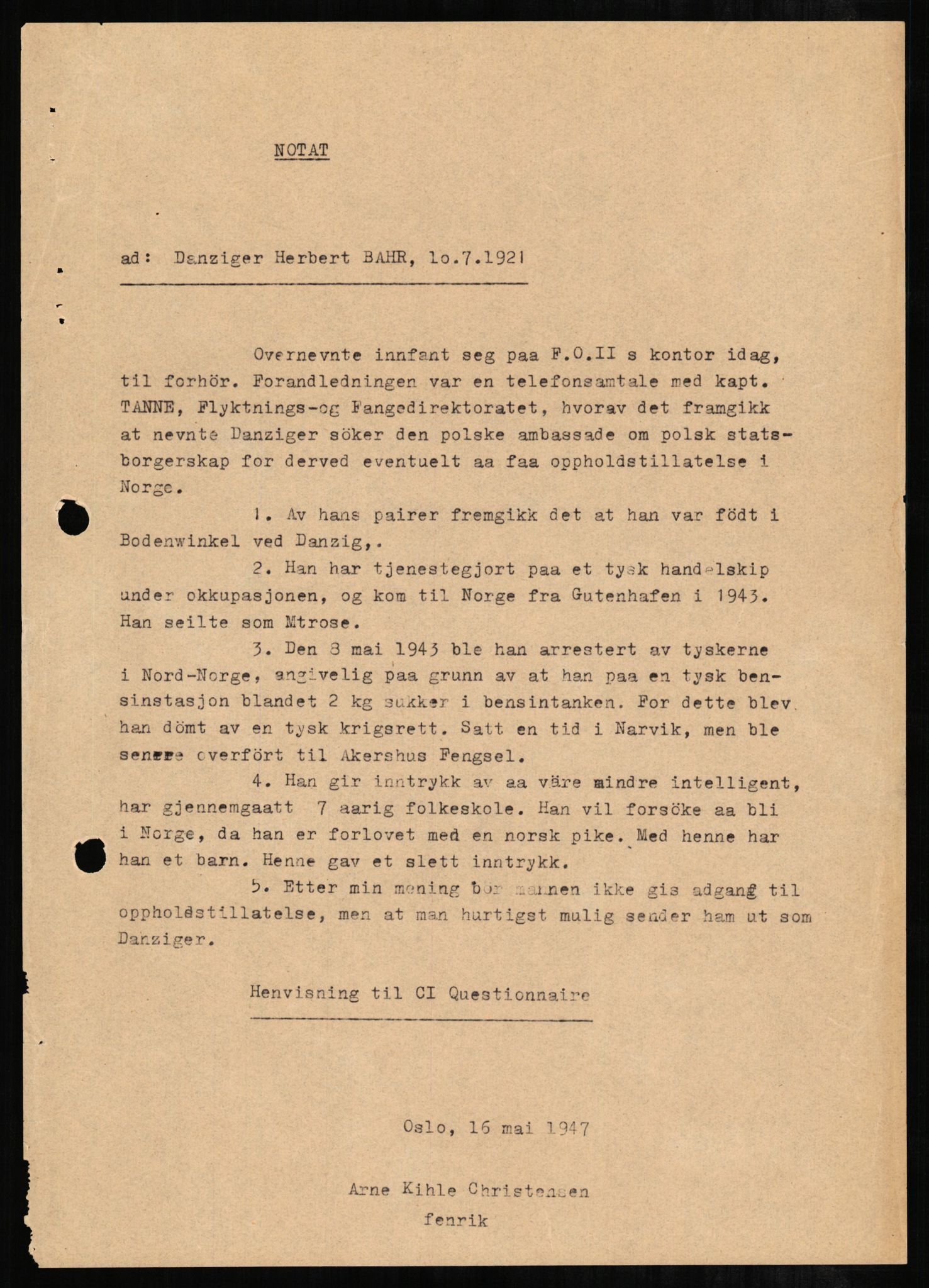 Forsvaret, Forsvarets overkommando II, AV/RA-RAFA-3915/D/Db/L0001: CI Questionaires. Tyske okkupasjonsstyrker i Norge. Tyskere., 1945-1946, s. 575