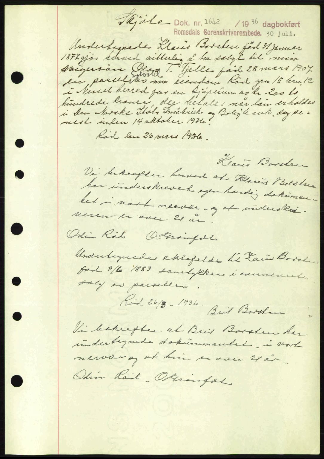 Romsdal sorenskriveri, SAT/A-4149/1/2/2C: Pantebok nr. A1, 1936-1936, Dagboknr: 1642/1936