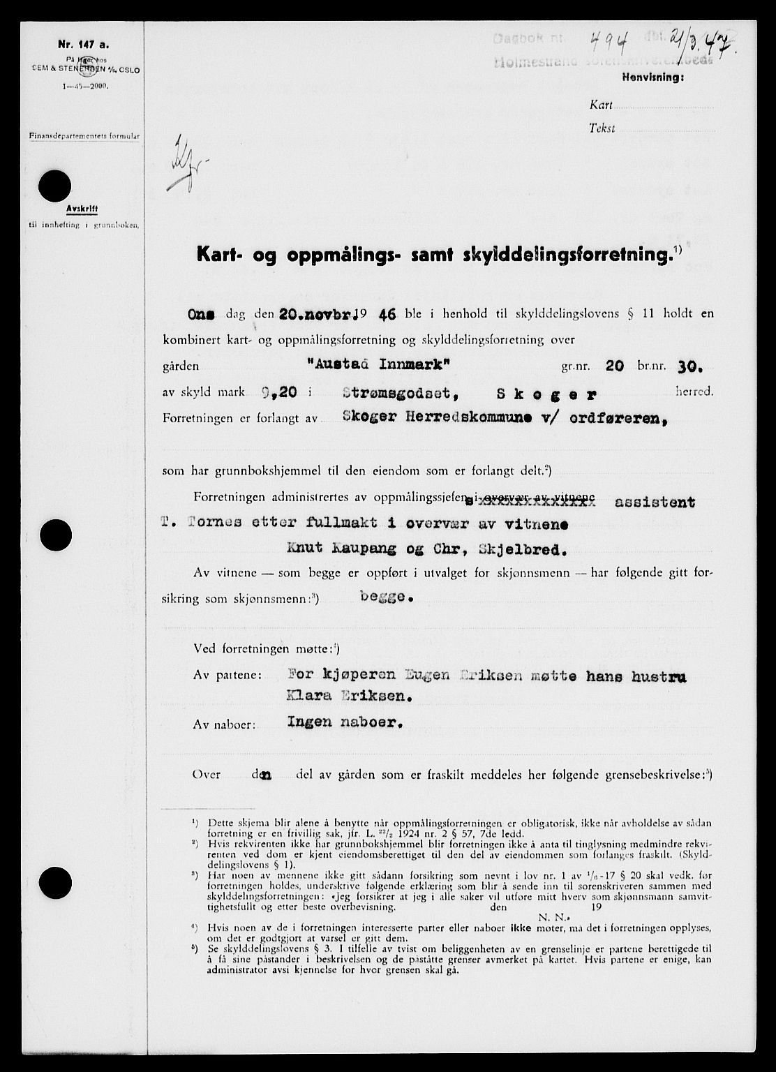 Holmestrand sorenskriveri, SAKO/A-67/G/Ga/Gaa/L0061: Pantebok nr. A-61, 1946-1947, Dagboknr: 494/1947