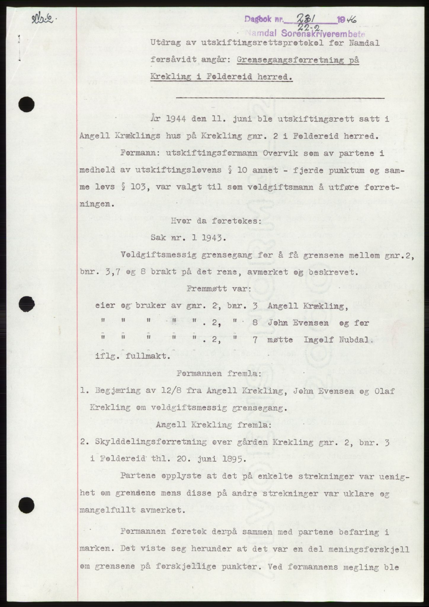 Namdal sorenskriveri, SAT/A-4133/1/2/2C: Pantebok nr. -, 1946-1946, Dagboknr: 231/1946