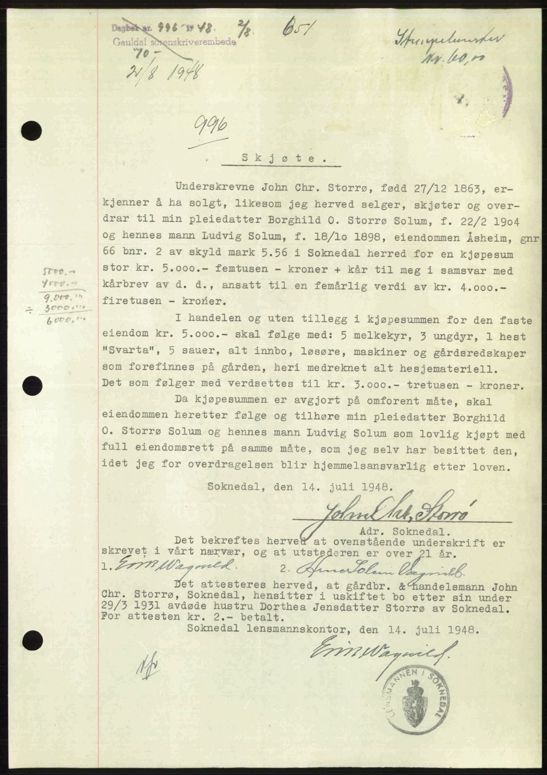Gauldal sorenskriveri, SAT/A-0014/1/2/2C: Pantebok nr. A6, 1948-1948, Dagboknr: 996/1948