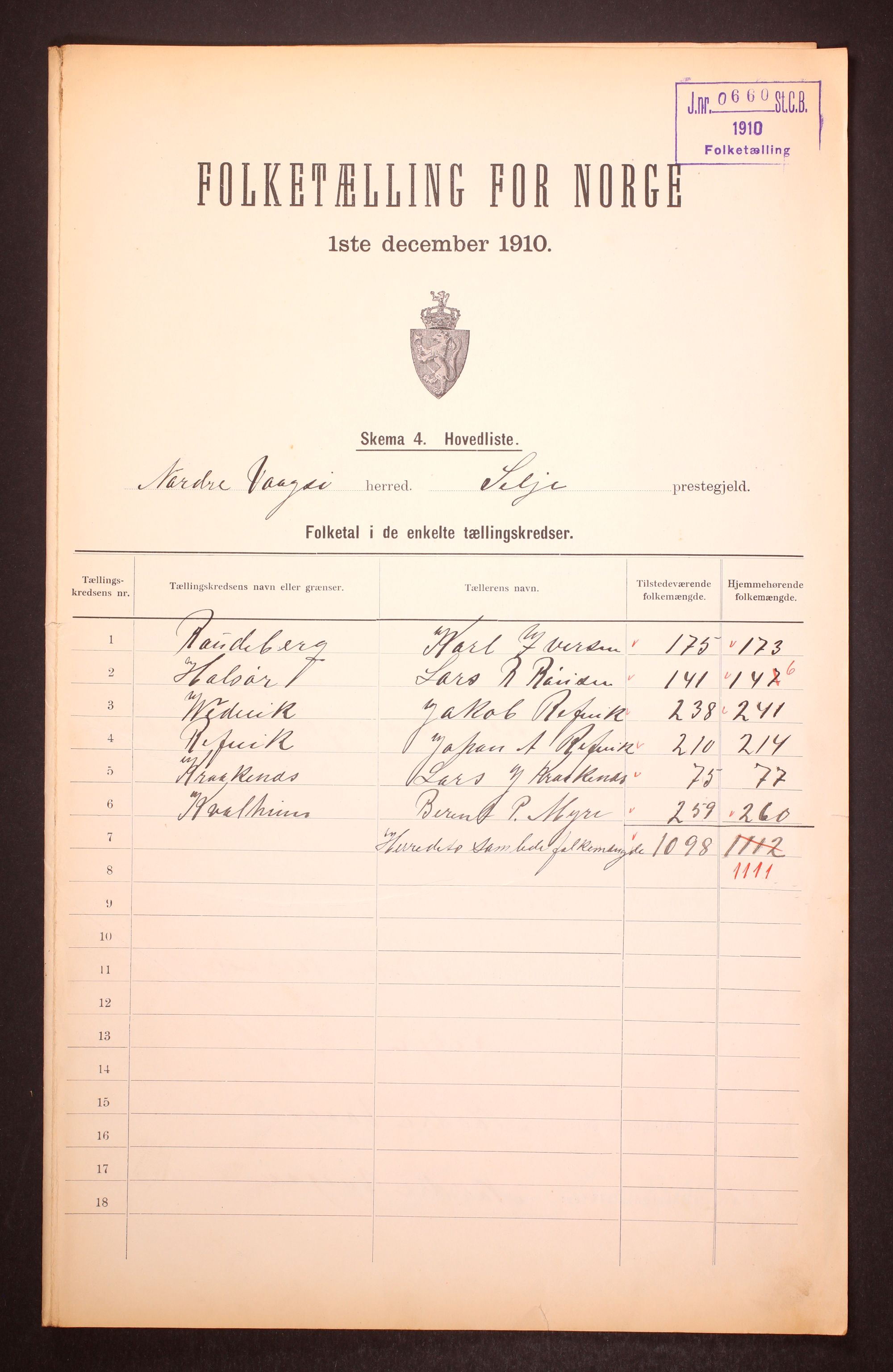 RA, Folketelling 1910 for 1440 Nord-Vågsøy herred, 1910, s. 2