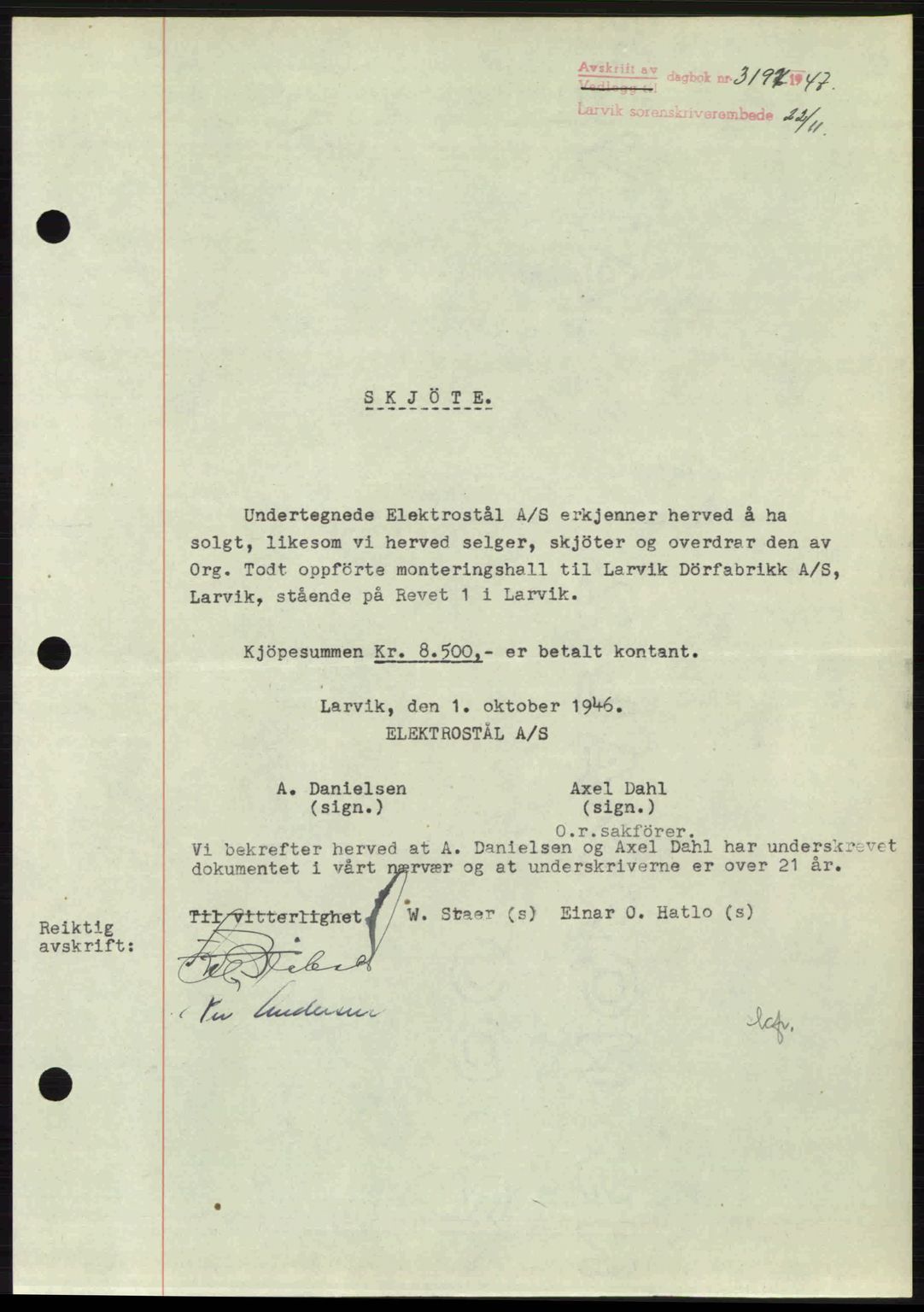 Larvik sorenskriveri, SAKO/A-83/G/Ga/Gab/L0085: Pantebok nr. A-19, 1947-1948, Dagboknr: 3197/1947