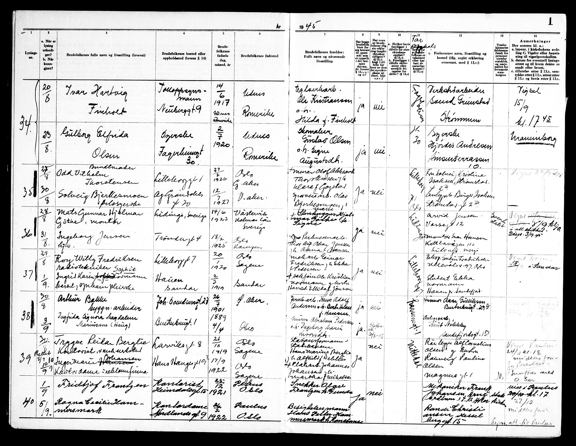 Torshov prestekontor Kirkebøker, AV/SAO-A-10238a/H/Ha/L0003: Lysningsprotokoll nr. 3, 1945-1948, s. 1