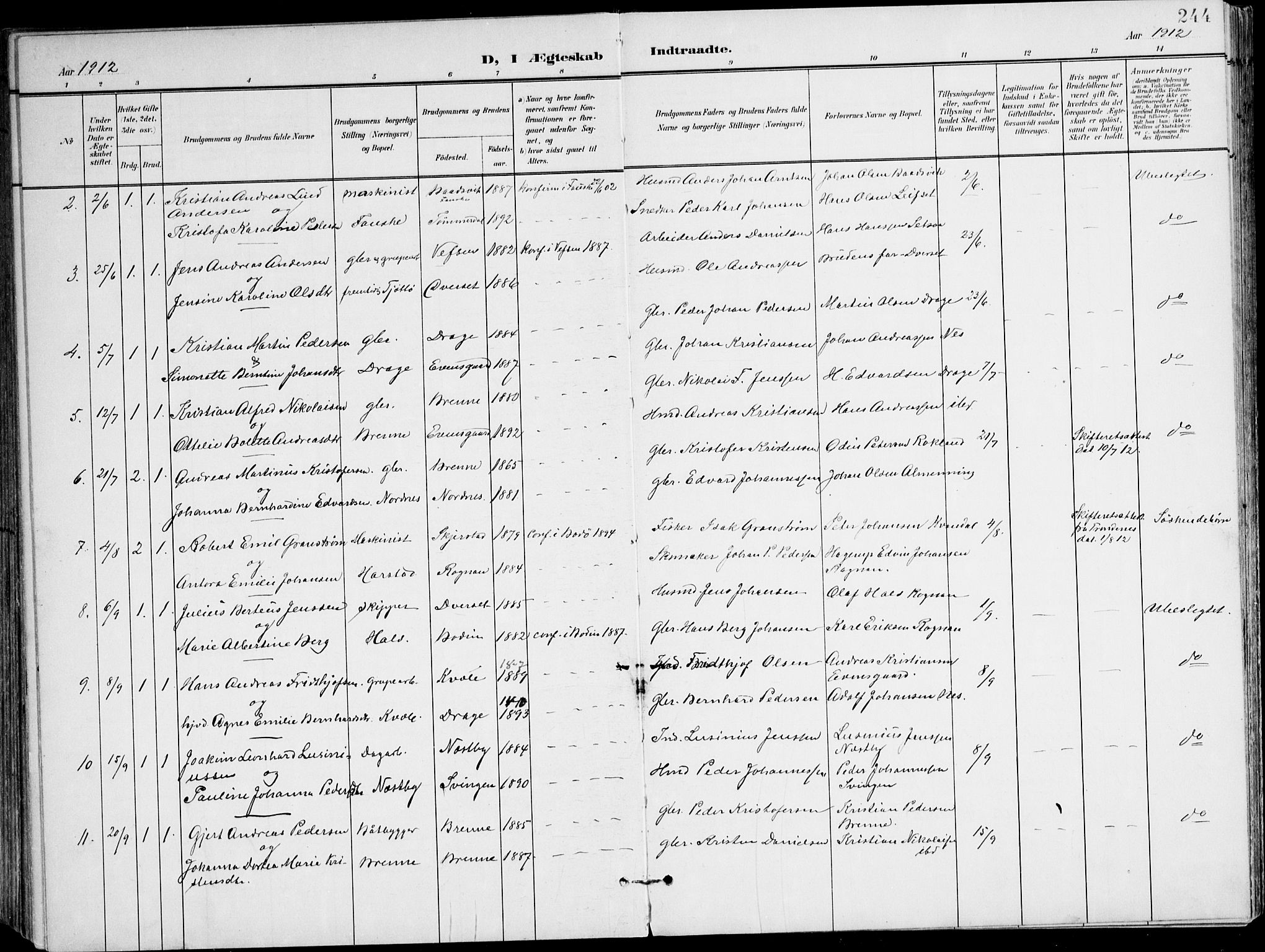 Ministerialprotokoller, klokkerbøker og fødselsregistre - Nordland, AV/SAT-A-1459/847/L0672: Ministerialbok nr. 847A12, 1902-1919, s. 244