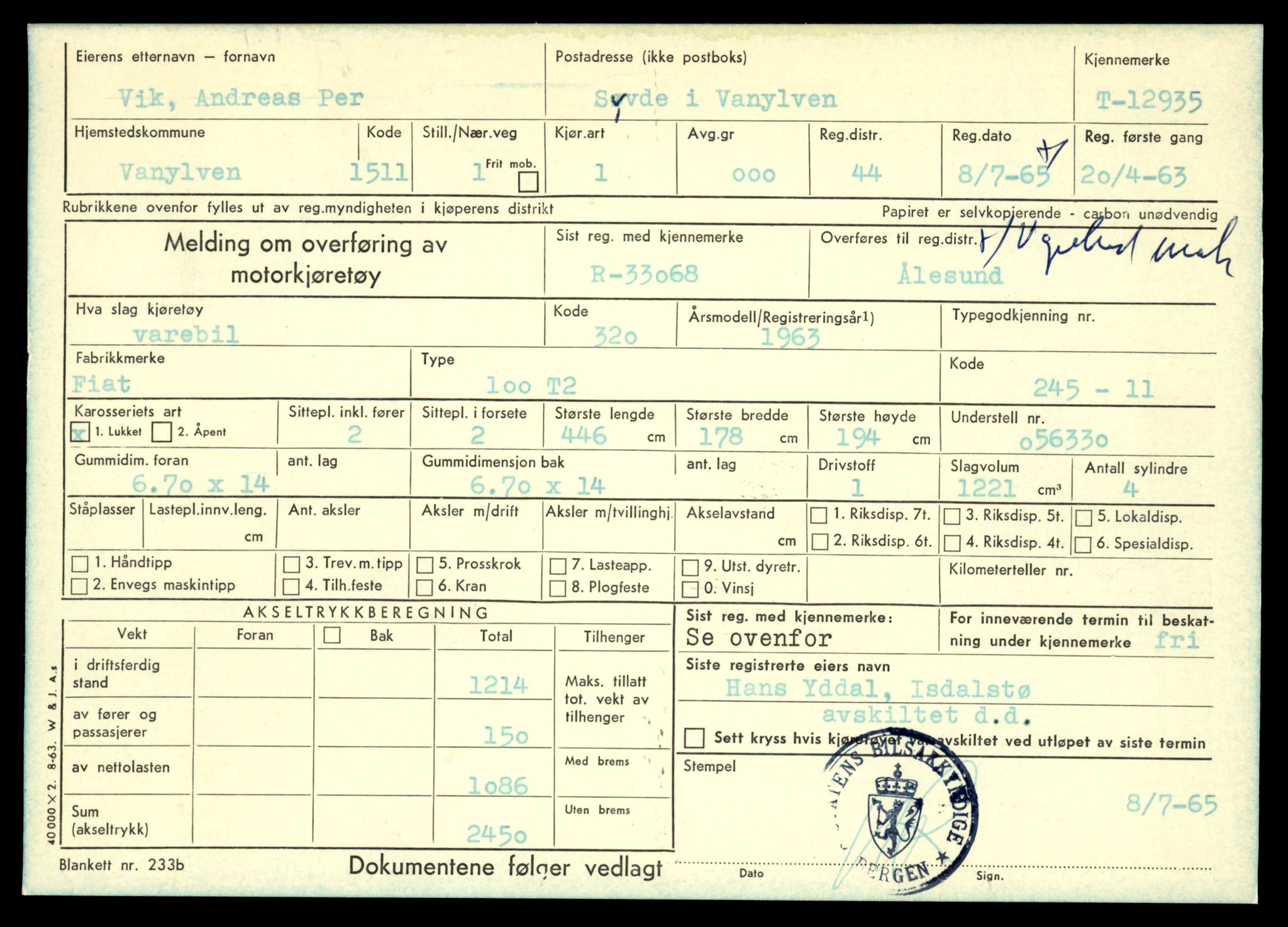 Møre og Romsdal vegkontor - Ålesund trafikkstasjon, SAT/A-4099/F/Fe/L0036: Registreringskort for kjøretøy T 12831 - T 13030, 1927-1998, s. 1607