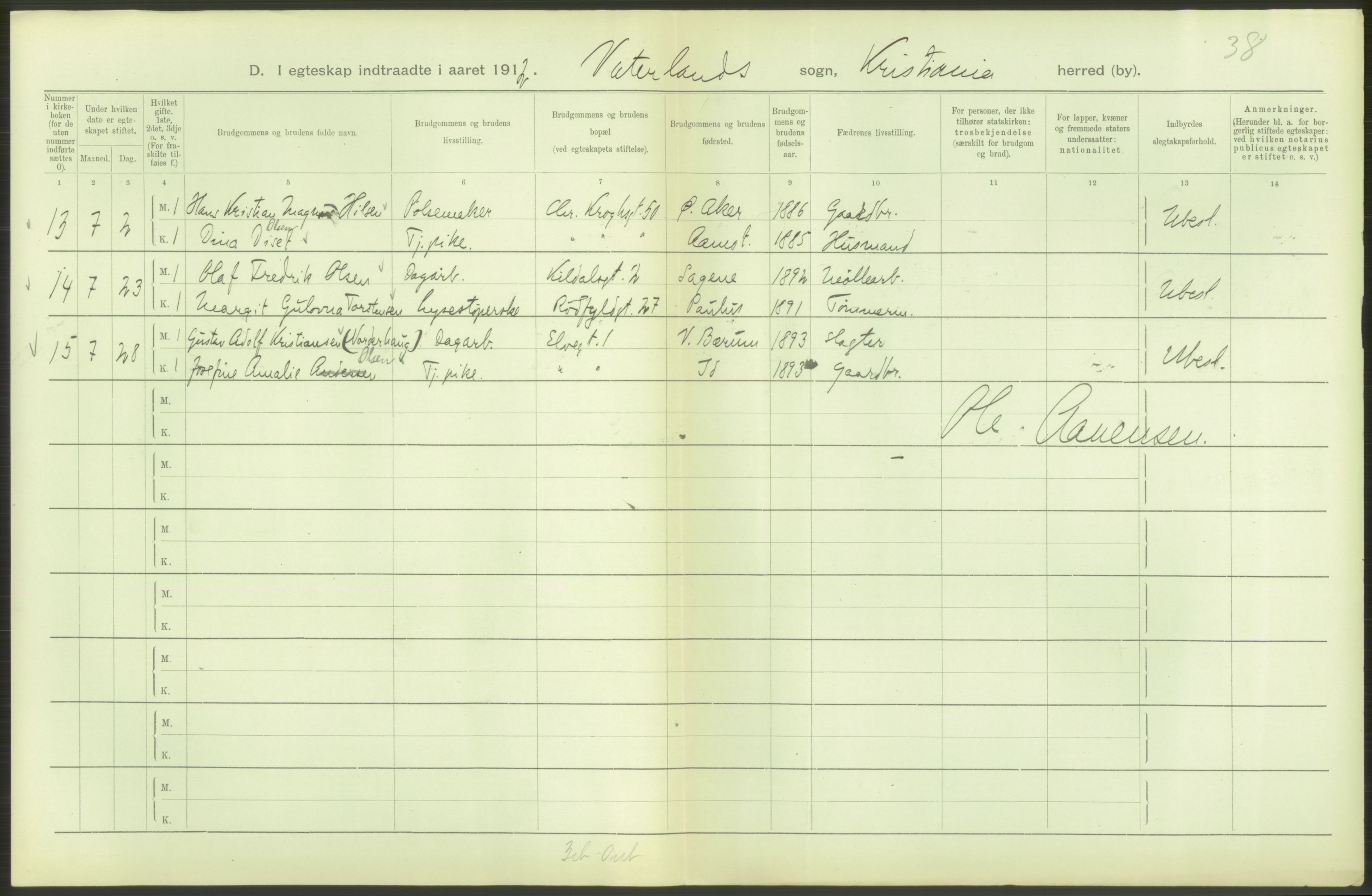 Statistisk sentralbyrå, Sosiodemografiske emner, Befolkning, RA/S-2228/D/Df/Dfb/Dfbb/L0008: Kristiania: Gifte, 1912, s. 90