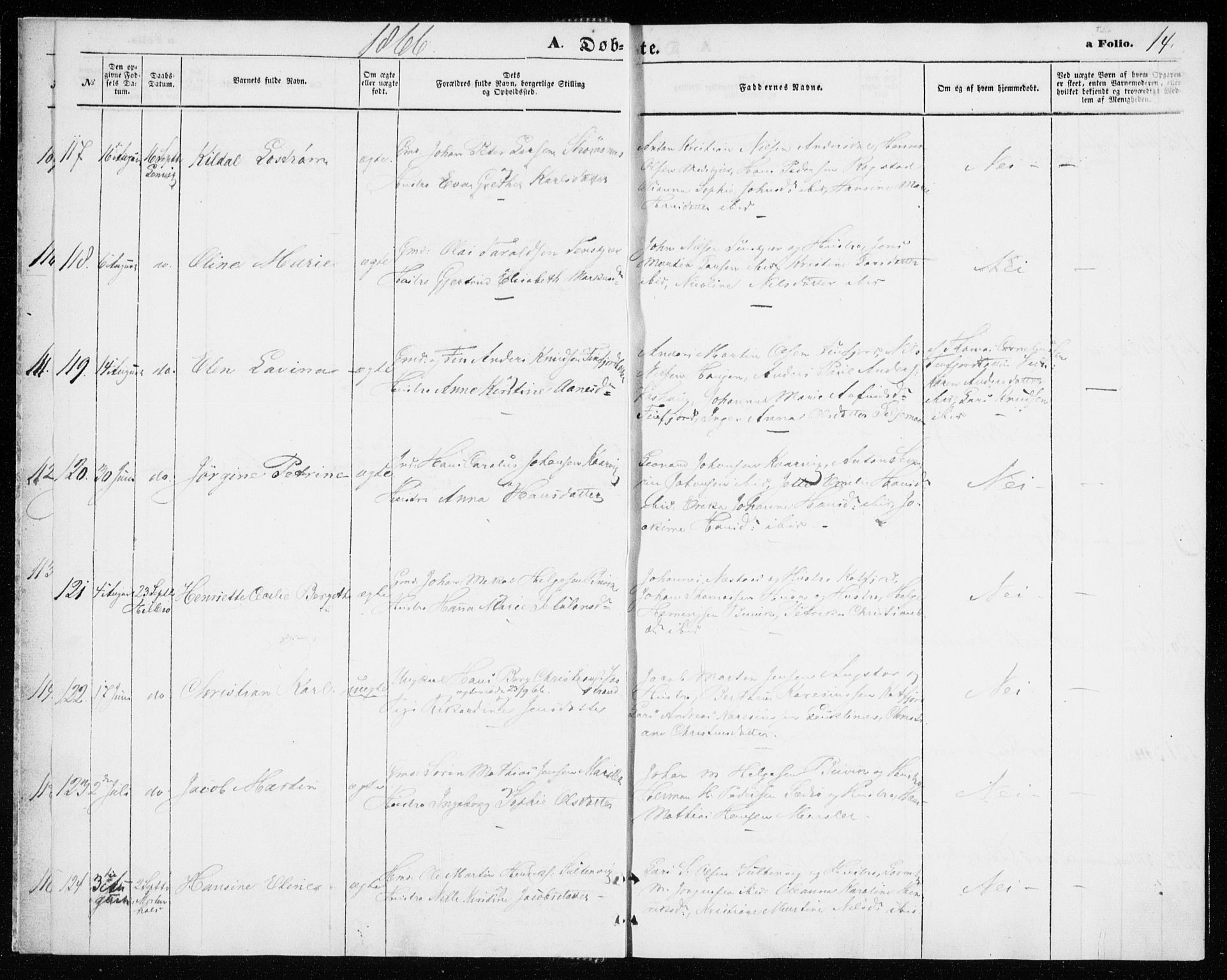 Lenvik sokneprestembete, AV/SATØ-S-1310/H/Ha/Haa/L0009kirke: Ministerialbok nr. 9, 1866-1873, s. 14