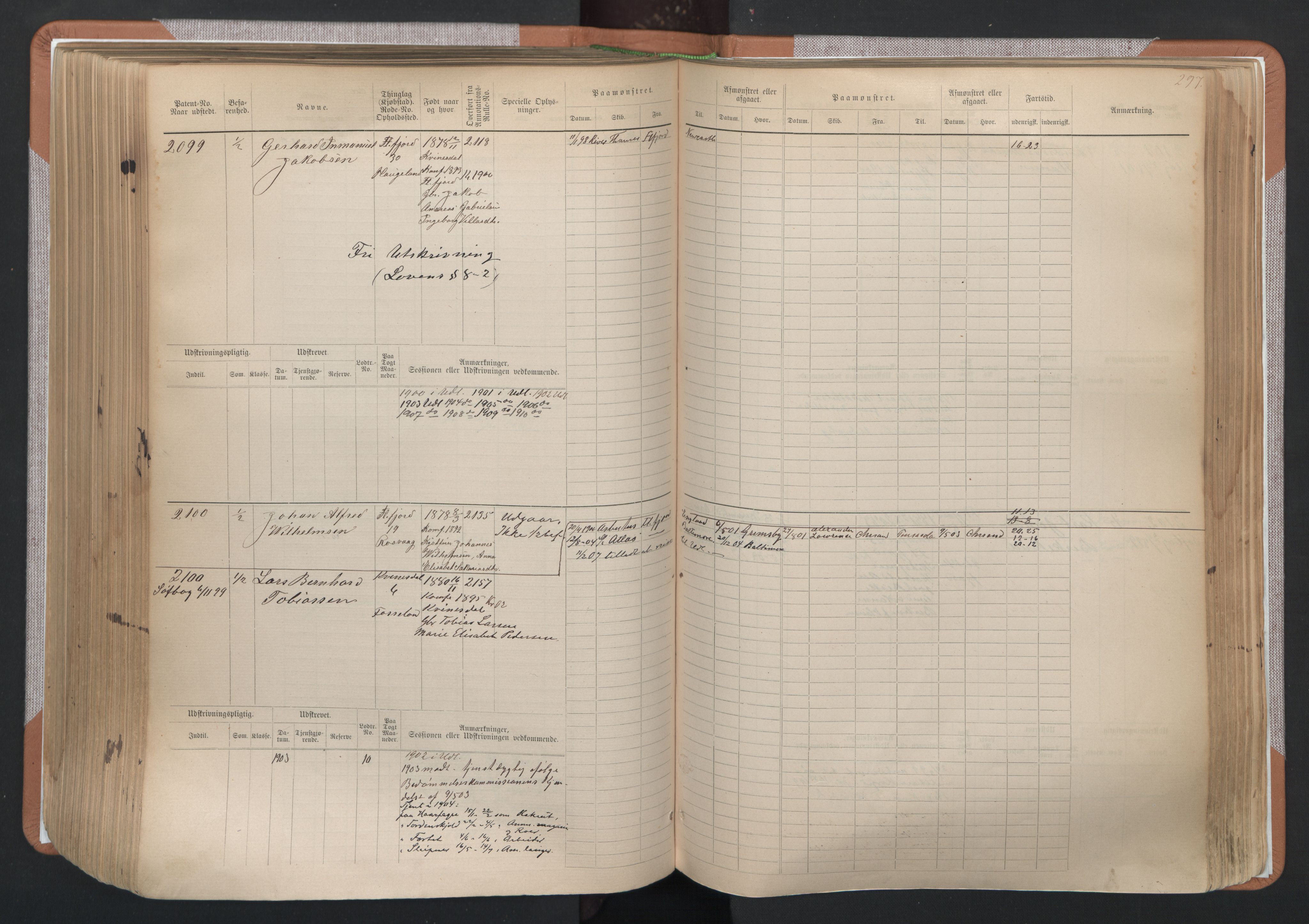 Flekkefjord mønstringskrets, SAK/2031-0018/F/Fb/L0003: Hovedrulle nr 1515-2326, N-6, 1885-1934, s. 299