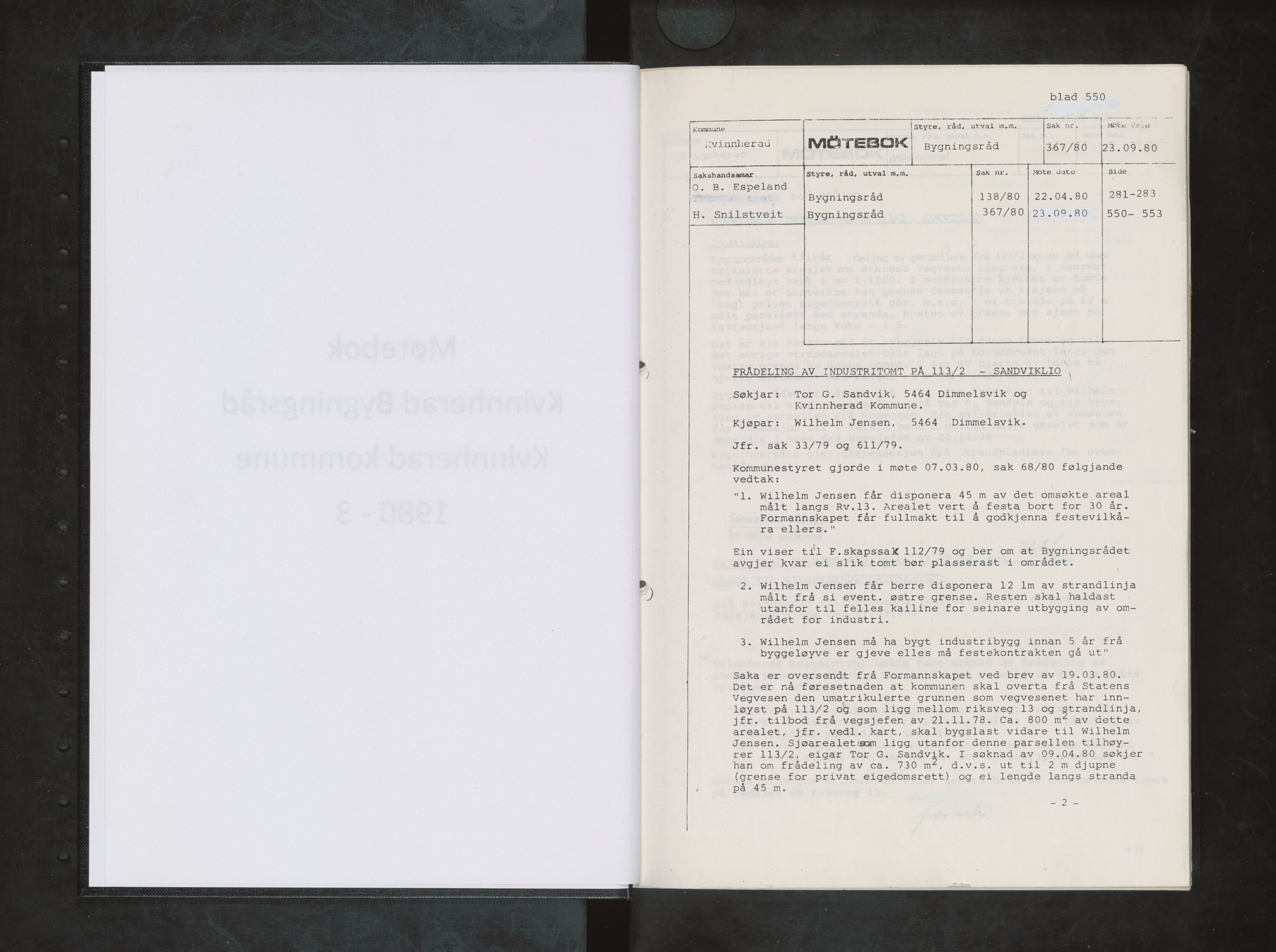 Kvinnherad kommune. Bygningsrådet , IKAH/1224-511/A/Aa/L0026: Møtebøker for bygningsrådet , 1980