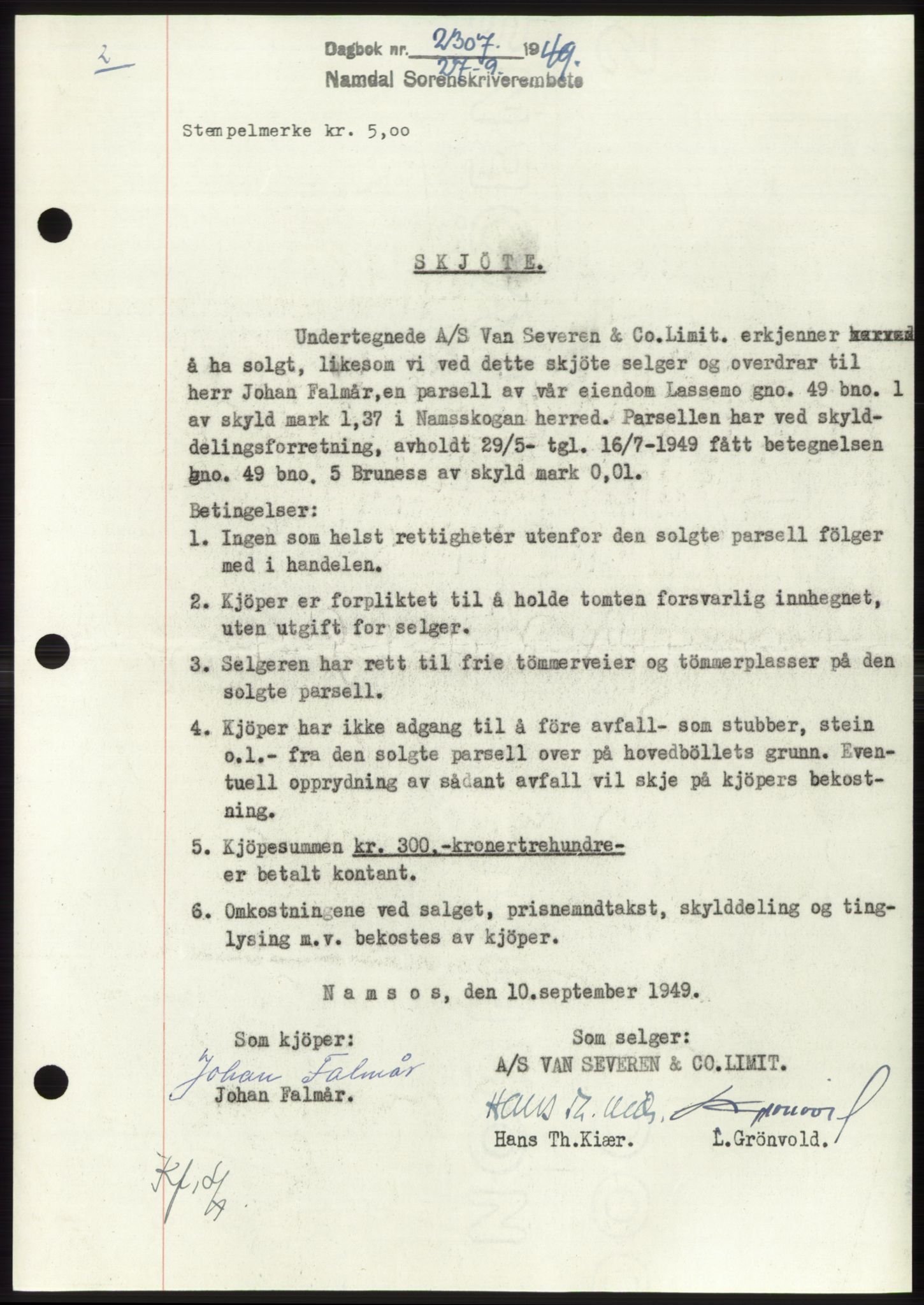 Namdal sorenskriveri, SAT/A-4133/1/2/2C: Pantebok nr. -, 1949-1949, Dagboknr: 2307/1949