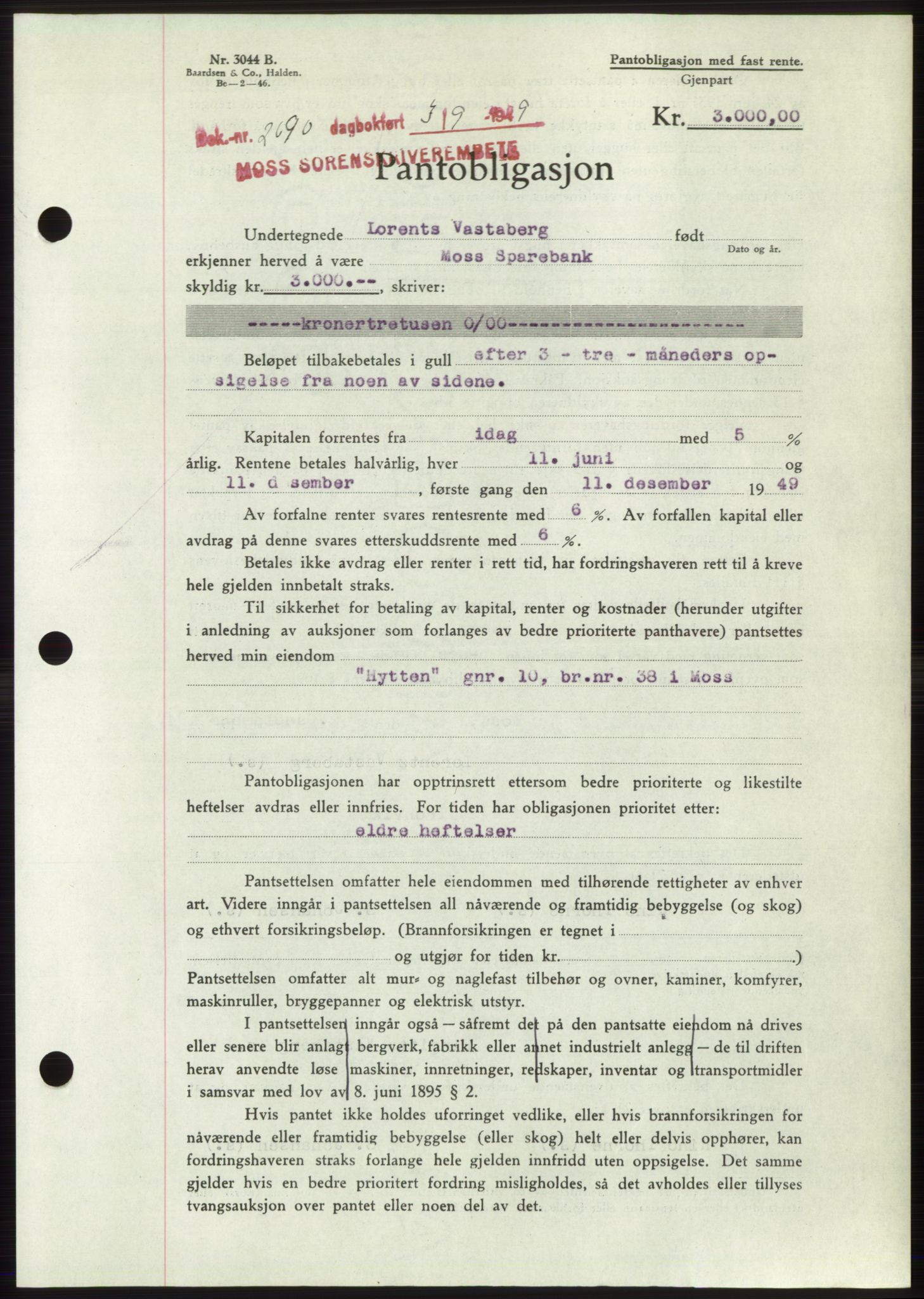 Moss sorenskriveri, SAO/A-10168: Pantebok nr. B22, 1949-1949, Dagboknr: 2690/1949