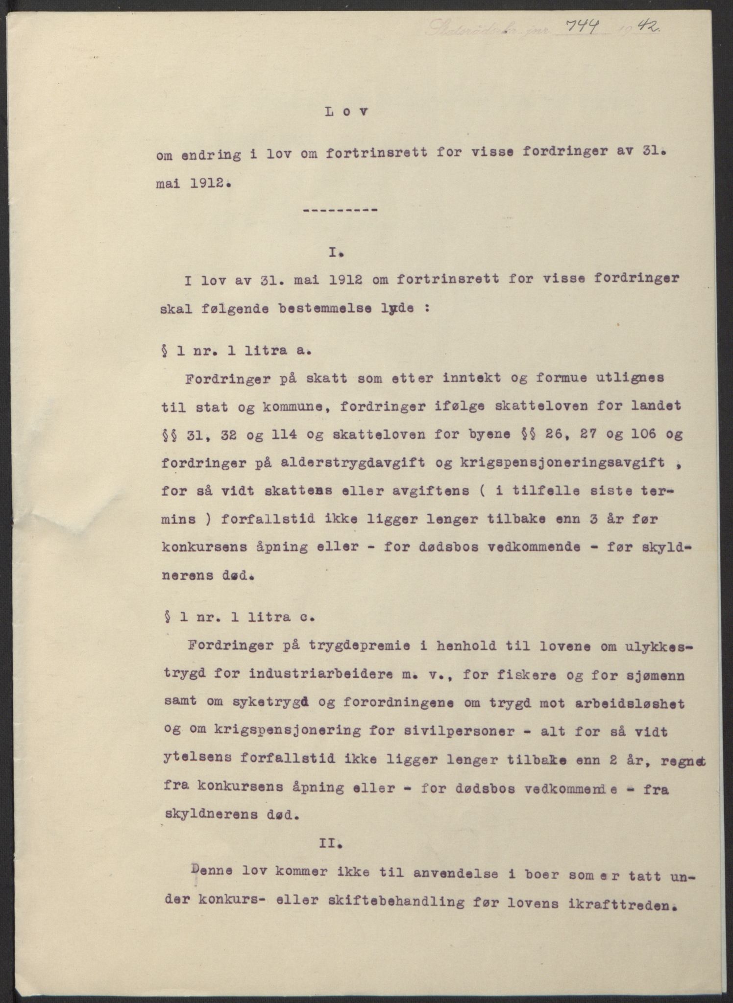 NS-administrasjonen 1940-1945 (Statsrådsekretariatet, de kommisariske statsråder mm), RA/S-4279/D/Db/L0098: Lover II, 1942, s. 506