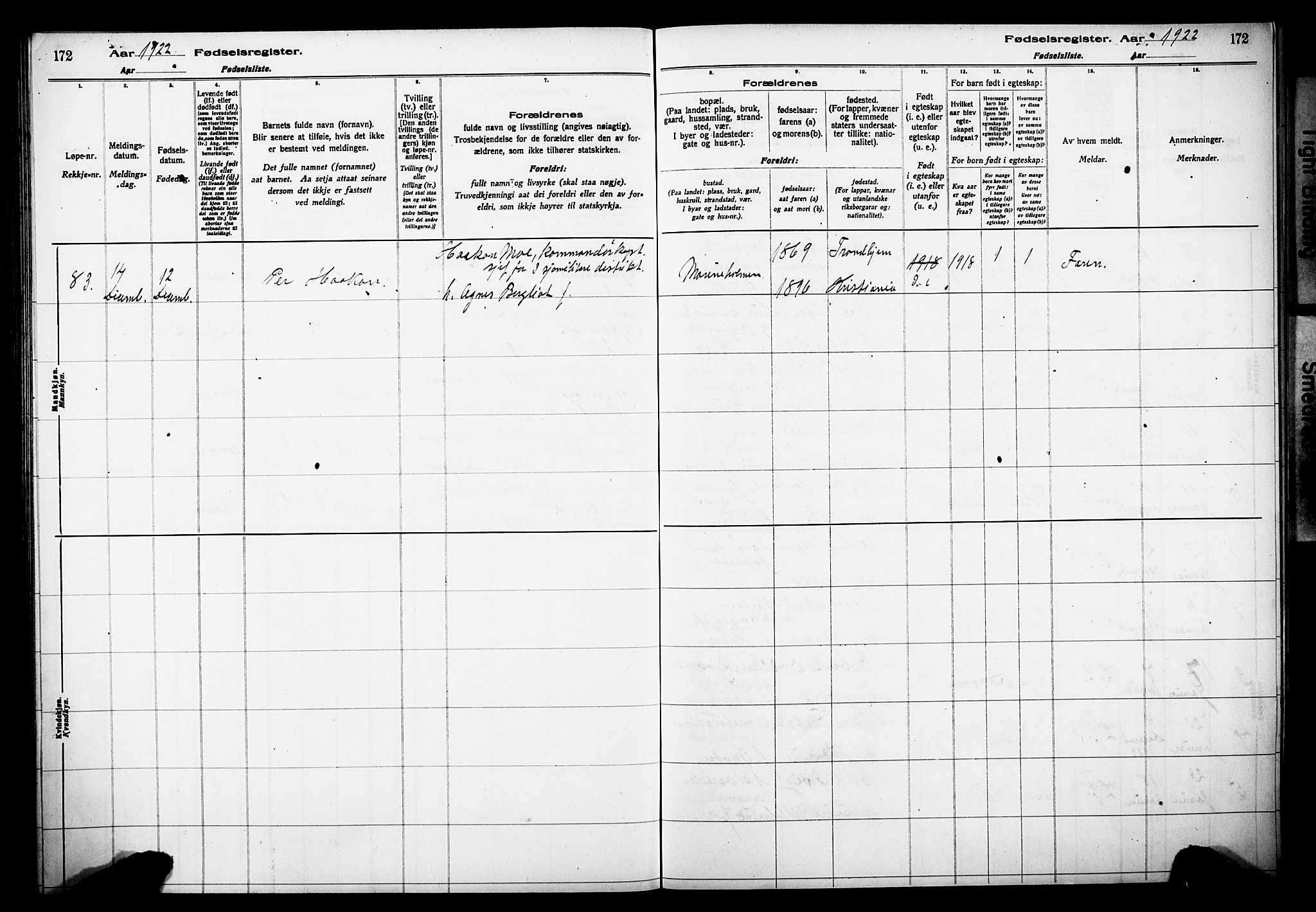 Johanneskirken sokneprestembete, SAB/A-76001/I/Id/L00A1: Fødselsregister nr. A 1, 1916-1924, s. 172