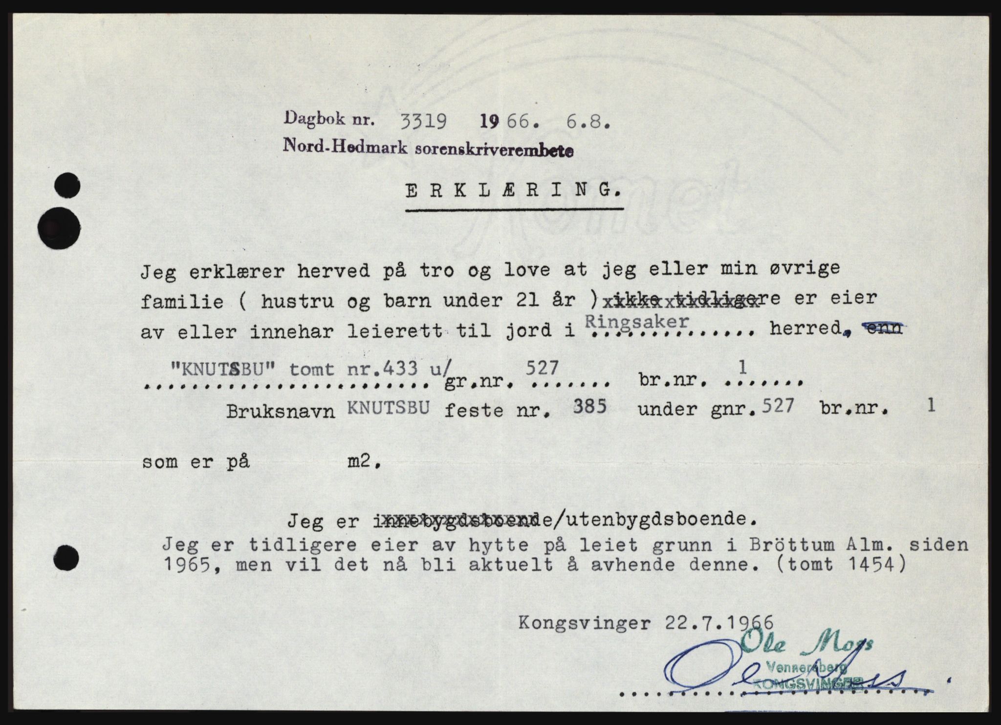 Nord-Hedmark sorenskriveri, SAH/TING-012/H/Hc/L0024: Pantebok nr. 24, 1966-1966, Dagboknr: 3319/1966