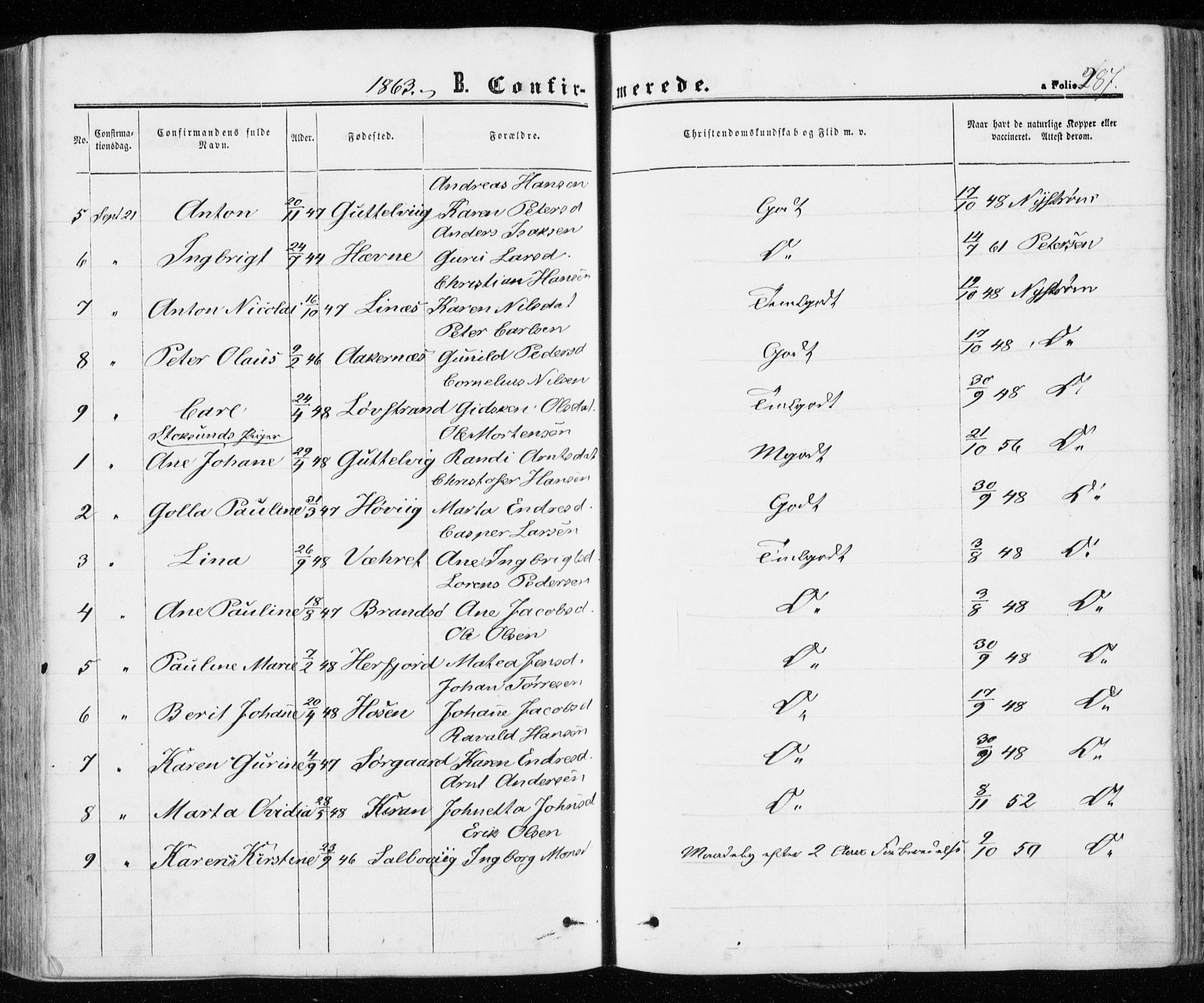 Ministerialprotokoller, klokkerbøker og fødselsregistre - Sør-Trøndelag, SAT/A-1456/657/L0705: Ministerialbok nr. 657A06, 1858-1867, s. 287