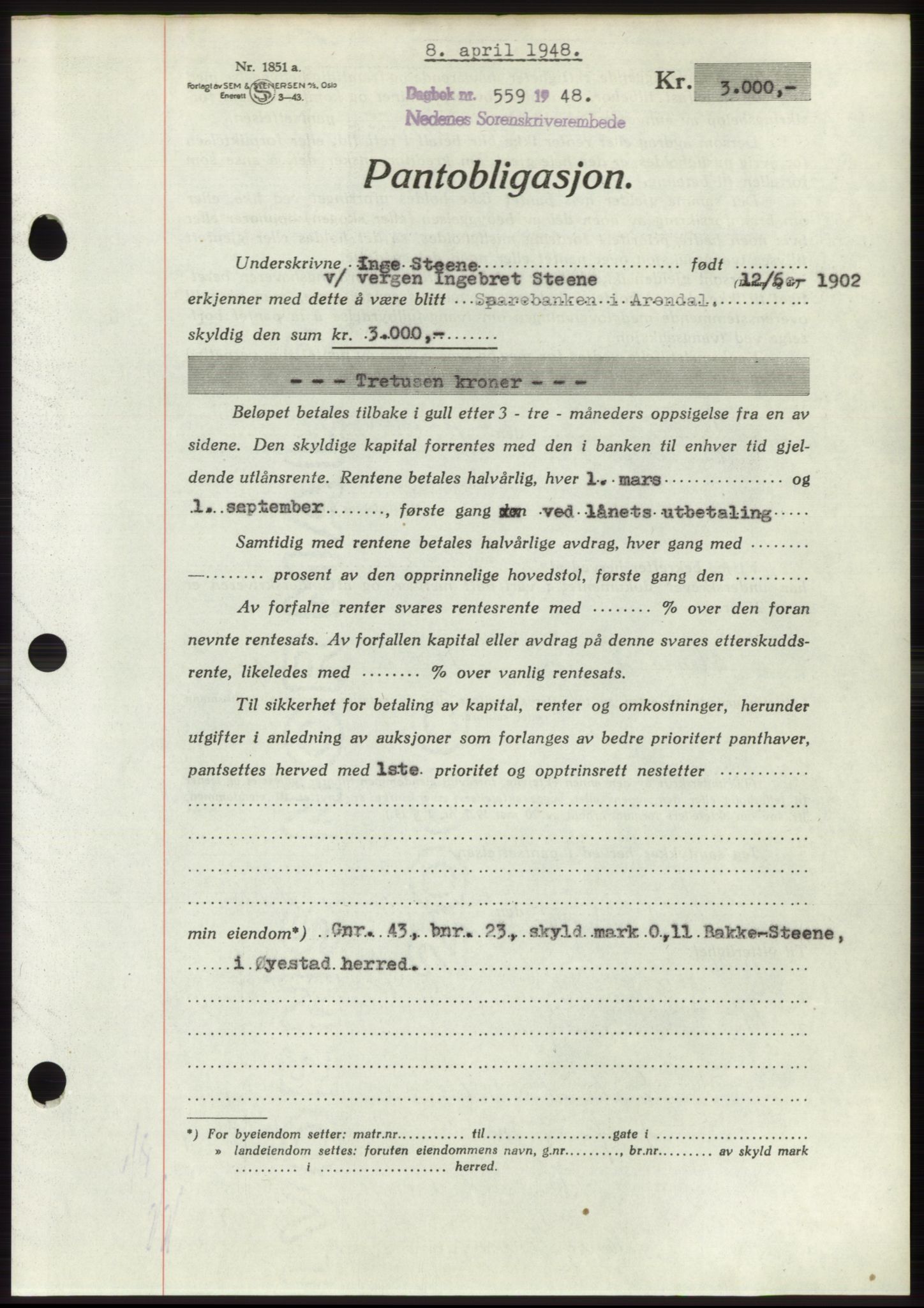Nedenes sorenskriveri, AV/SAK-1221-0006/G/Gb/Gbb/L0005: Pantebok nr. B5, 1948-1948, Dagboknr: 559/1948