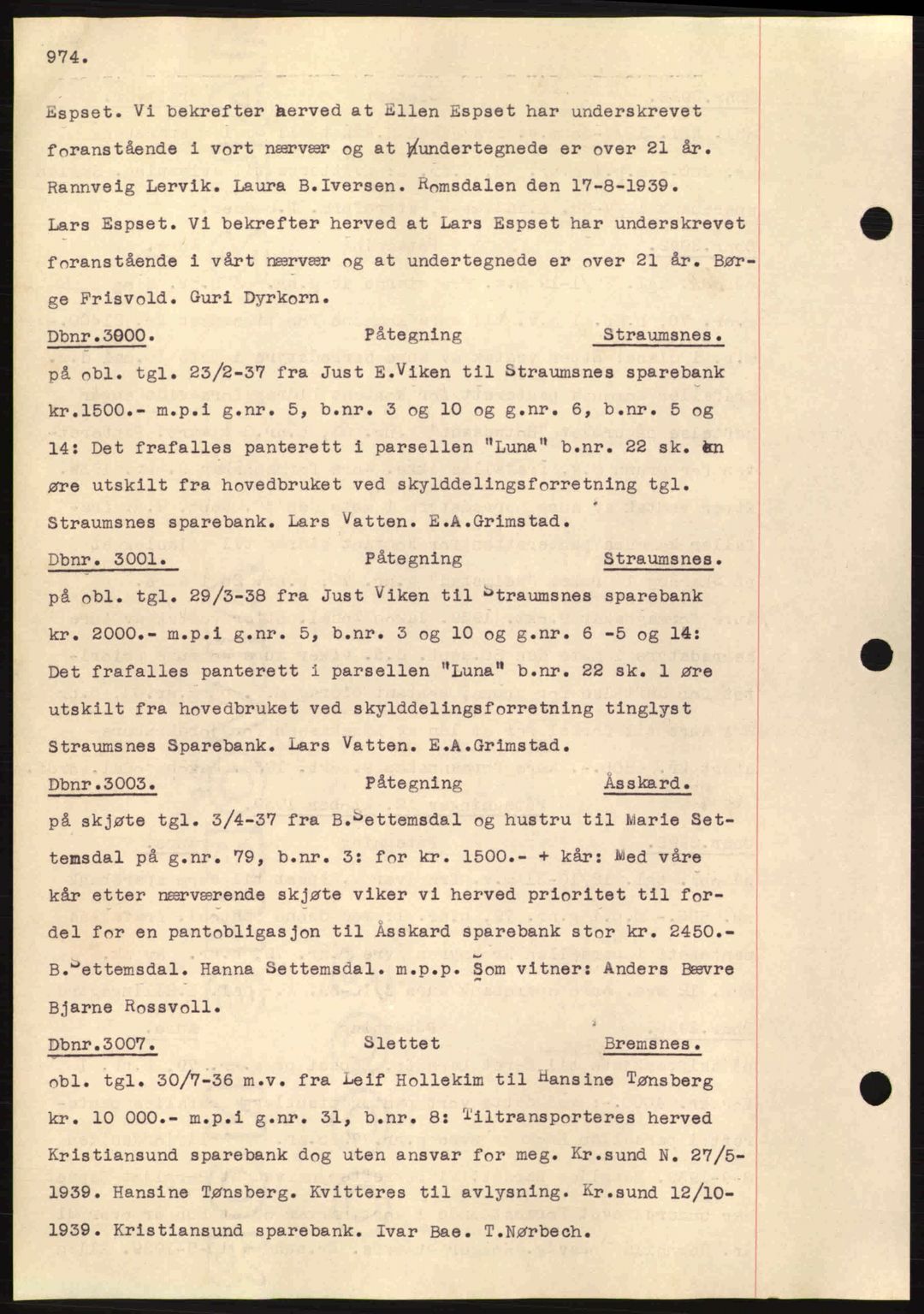Nordmøre sorenskriveri, SAT/A-4132/1/2/2Ca: Pantebok nr. C80, 1936-1939, Dagboknr: 3000/1939