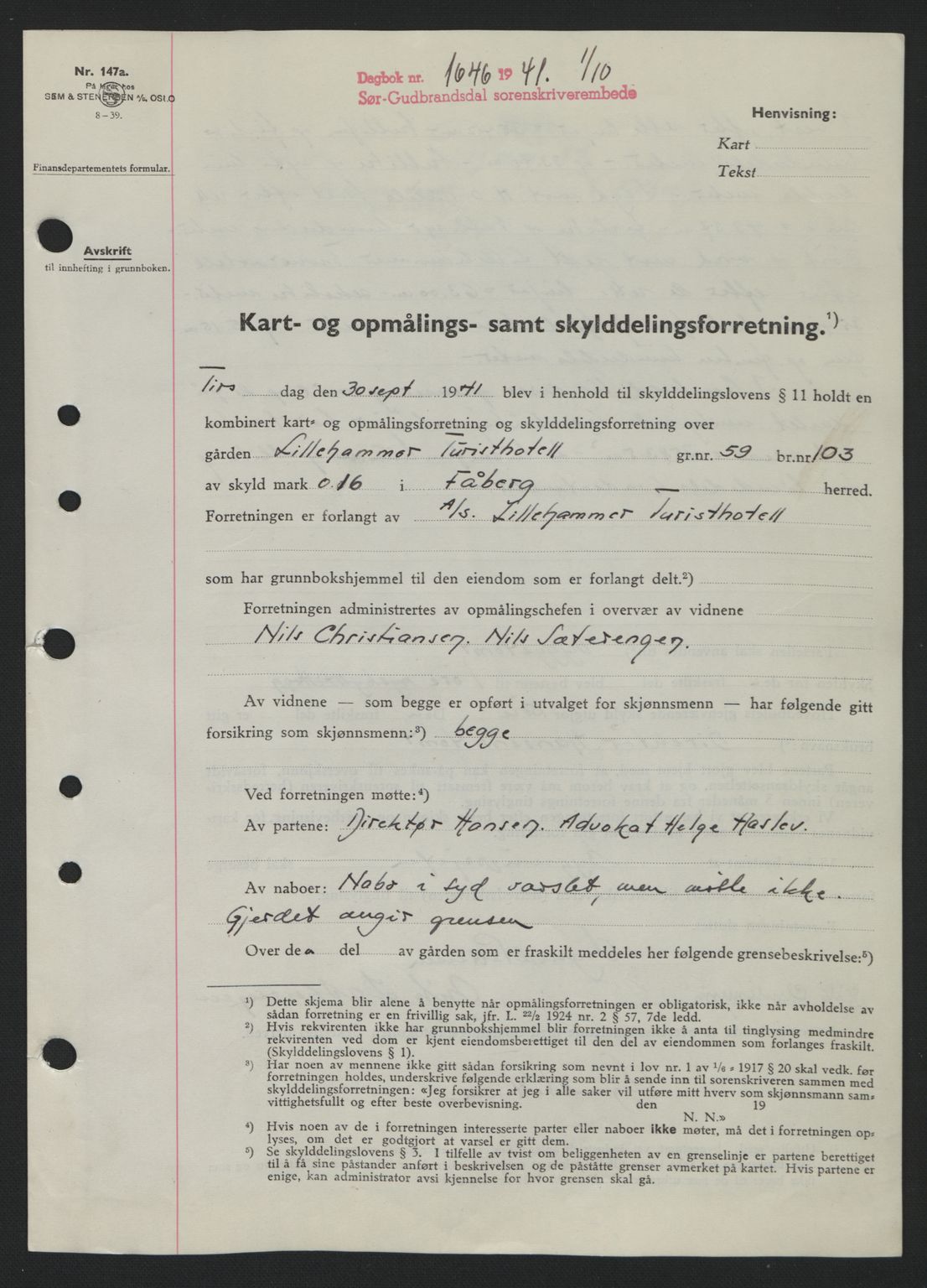 Sør-Gudbrandsdal tingrett, SAH/TING-004/H/Hb/Hbd/L0009: Pantebok nr. A9, 1941-1941, Dagboknr: 1646/1941