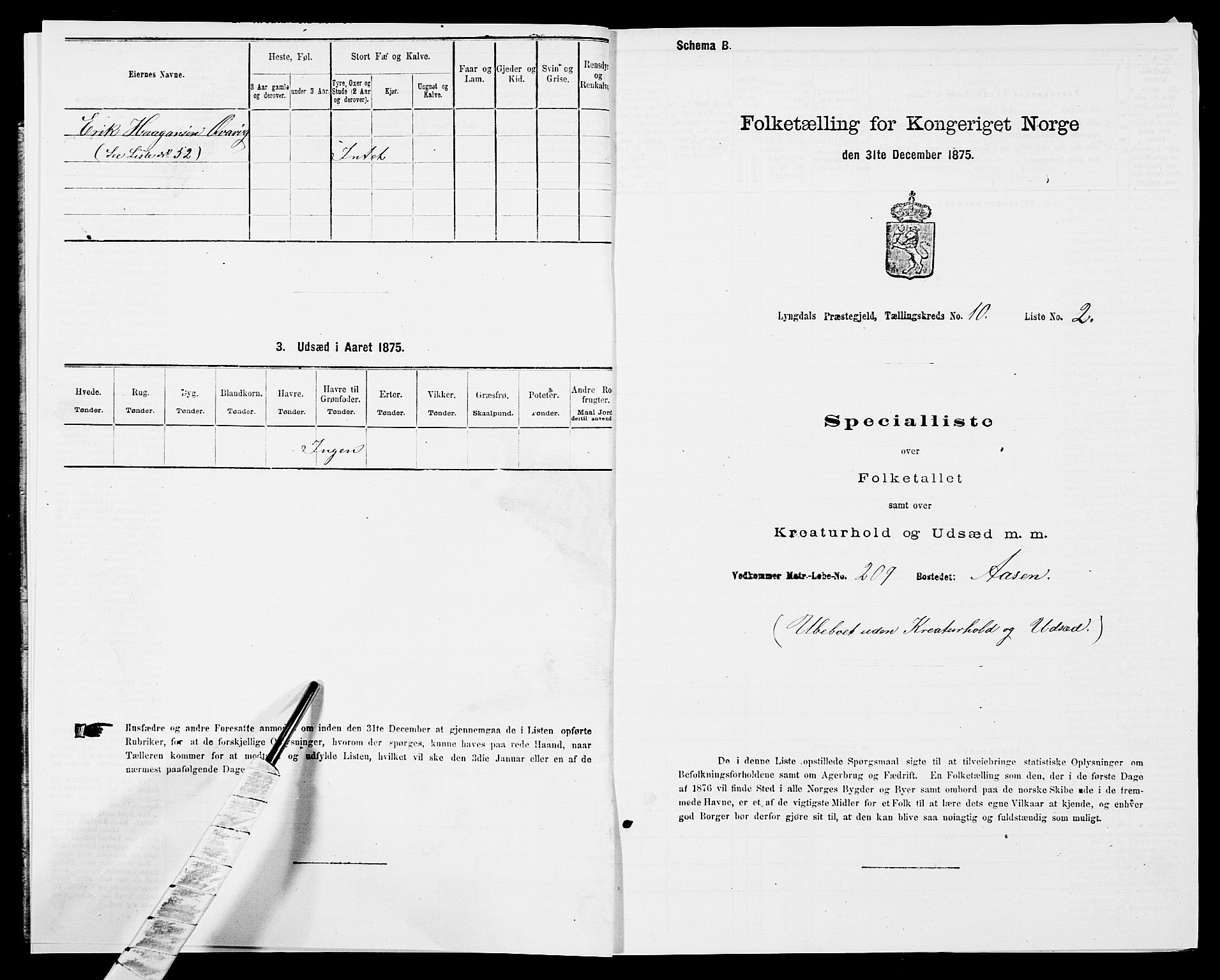 SAK, Folketelling 1875 for 1032P Lyngdal prestegjeld, 1875, s. 1523