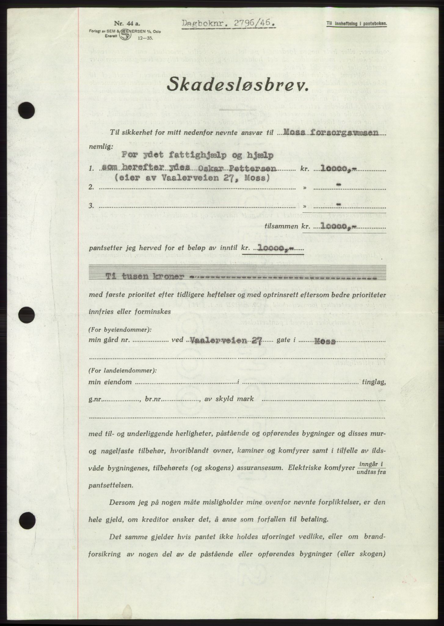 Moss sorenskriveri, SAO/A-10168: Pantebok nr. B16, 1946-1947, Dagboknr: 2796/1946