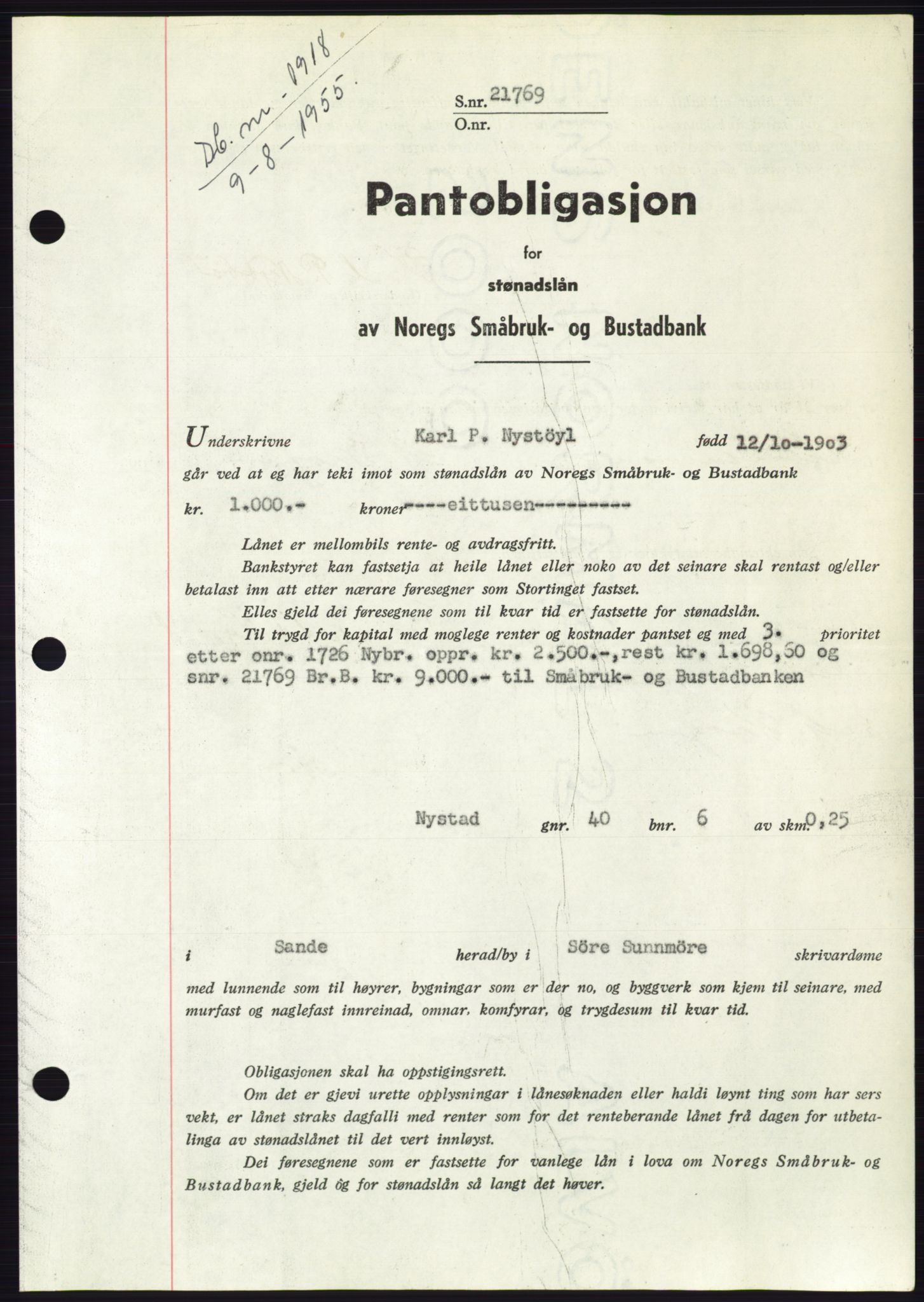 Søre Sunnmøre sorenskriveri, SAT/A-4122/1/2/2C/L0127: Pantebok nr. 15B, 1955-1955, Dagboknr: 1918/1955