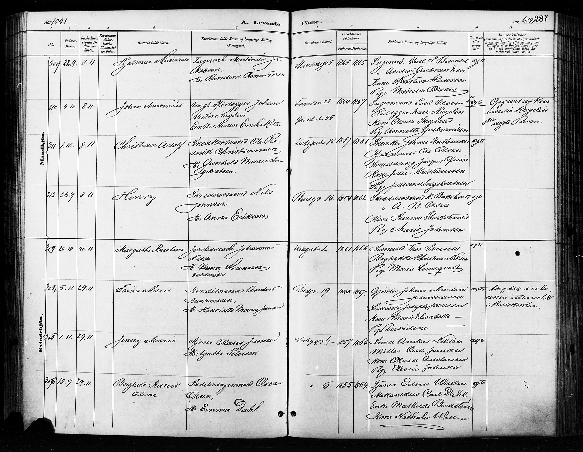 Grønland prestekontor Kirkebøker, AV/SAO-A-10848/F/Fa/L0009: Ministerialbok nr. 9, 1888-1893, s. 287
