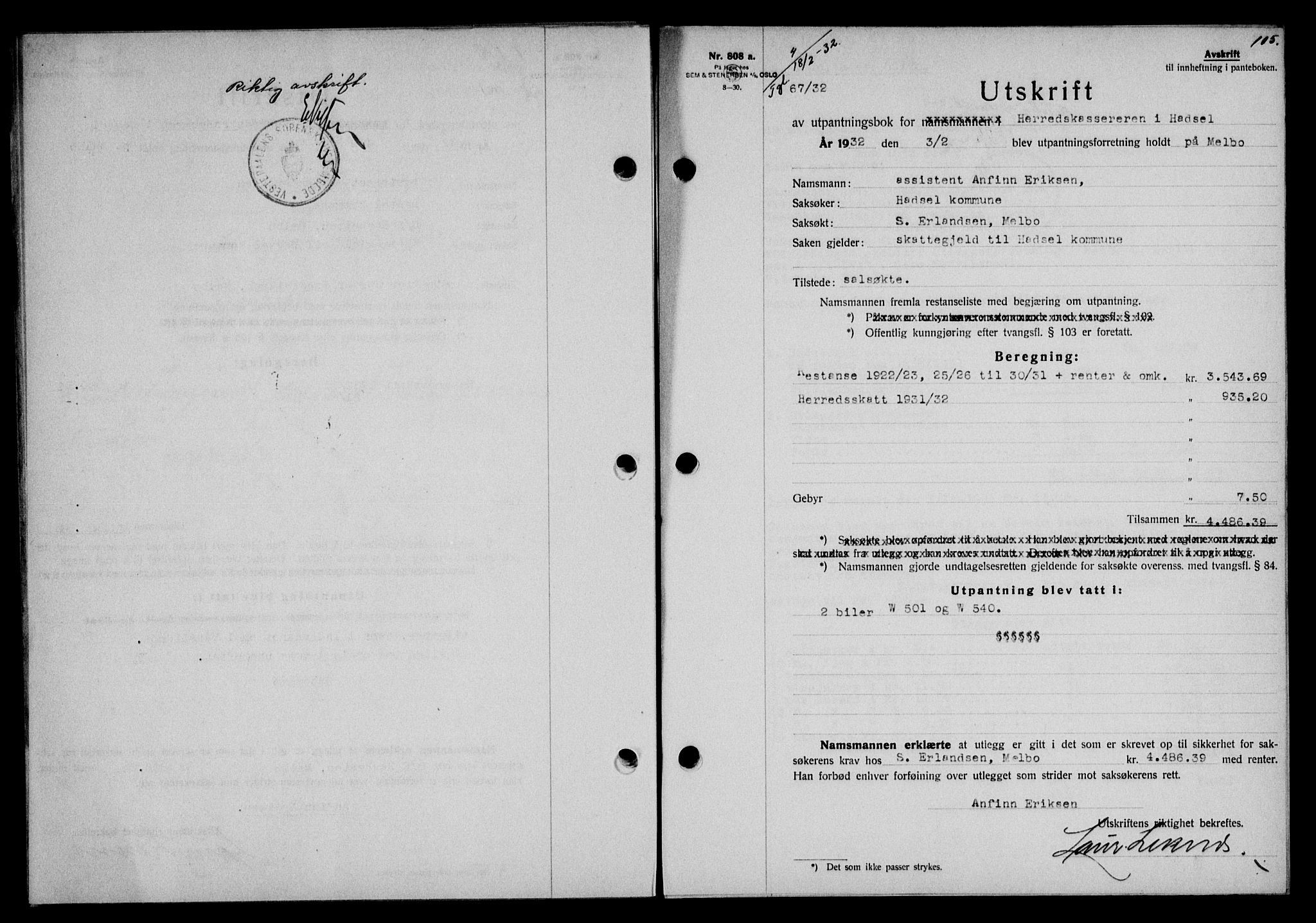 Vesterålen sorenskriveri, SAT/A-4180/1/2/2Ca/L0055: Pantebok nr. 48, 1932-1932, Tingl.dato: 18.02.1932