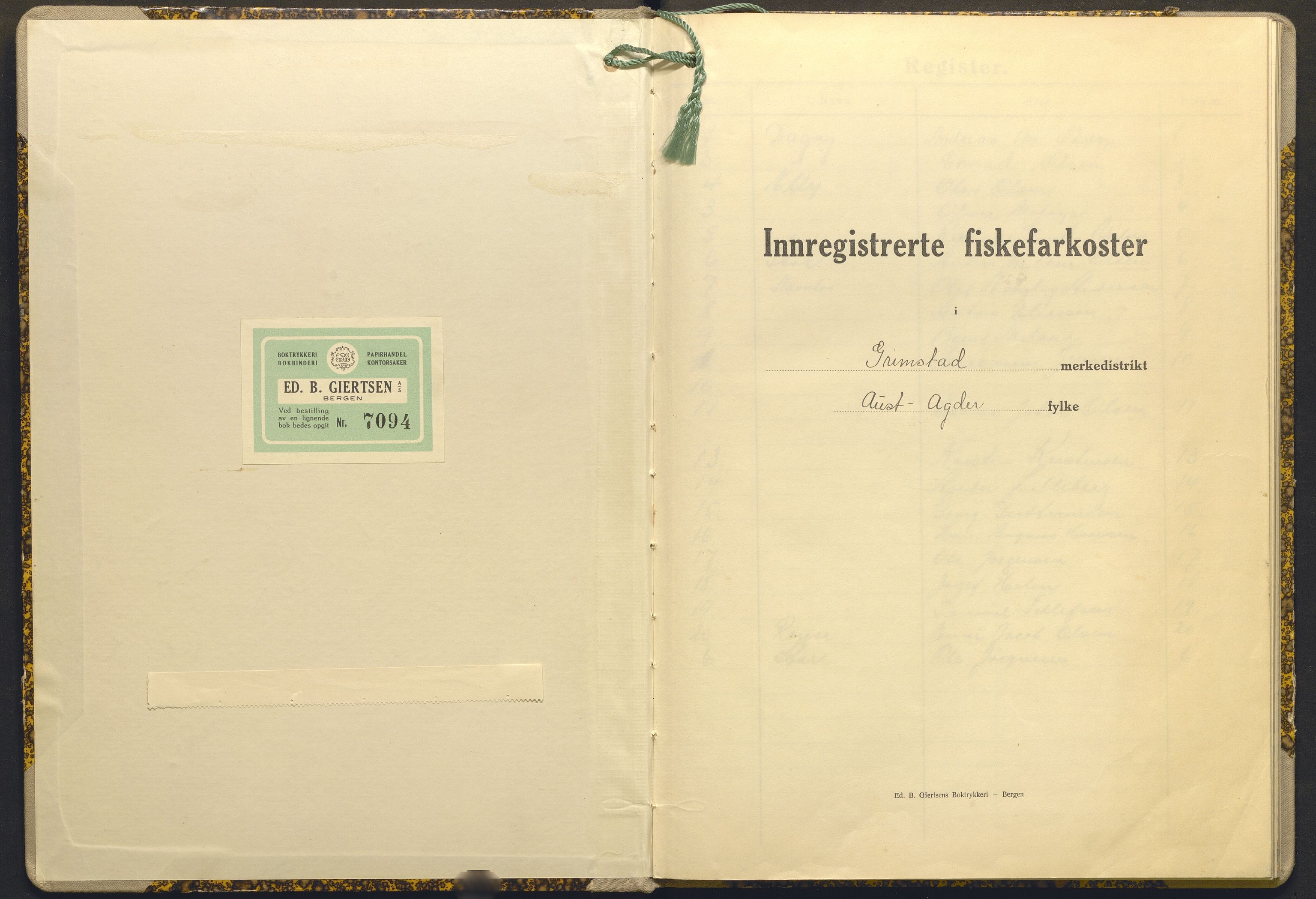 Fiskeridirektoratet - 1 Adm. ledelse - 13 Båtkontoret, SAB/A-2003/I/Ia/Iak/L0012: 135.1106/2 Merkeprotokoll - Grimstad, 1949-1966