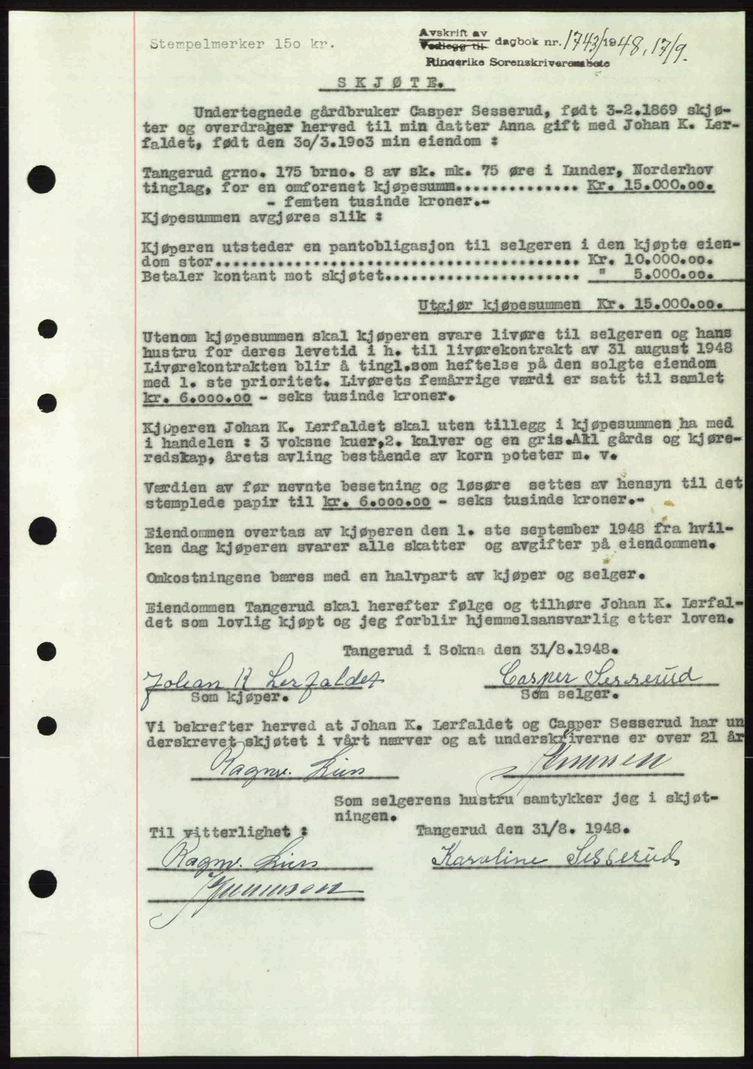 Ringerike sorenskriveri, SAKO/A-105/G/Ga/Gab/L0088: Pantebok nr. A-19, 1948-1948, Dagboknr: 1743/1948