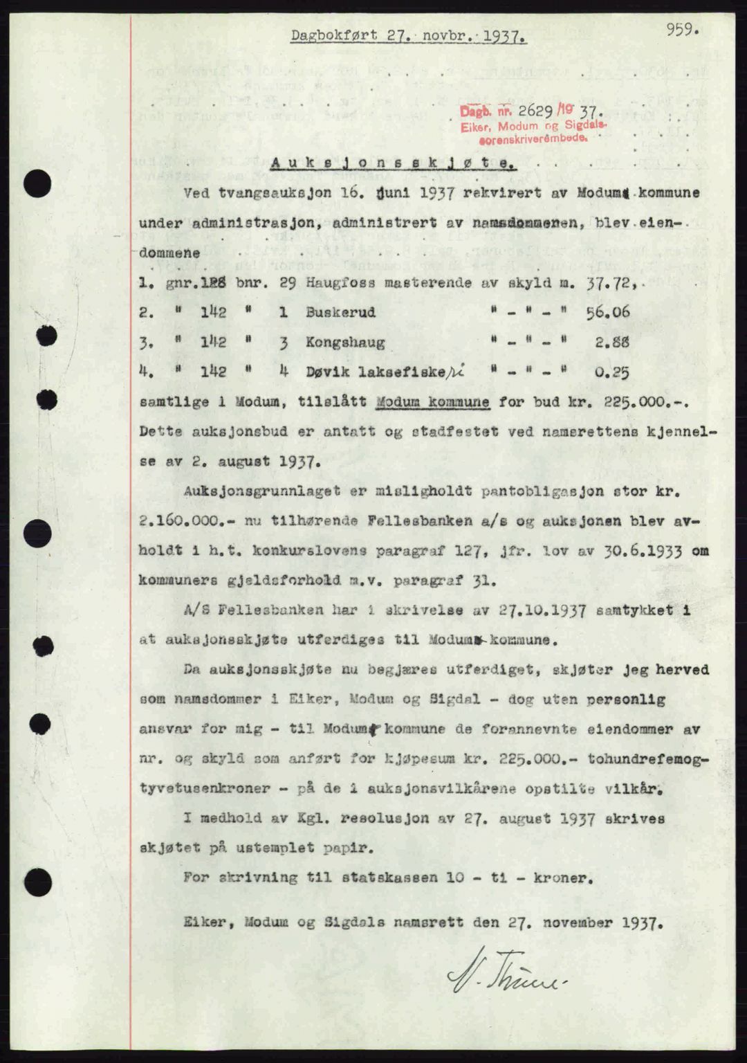Eiker, Modum og Sigdal sorenskriveri, SAKO/A-123/G/Ga/Gab/L0036: Pantebok nr. A6, 1937-1937, Dagboknr: 2629/1937
