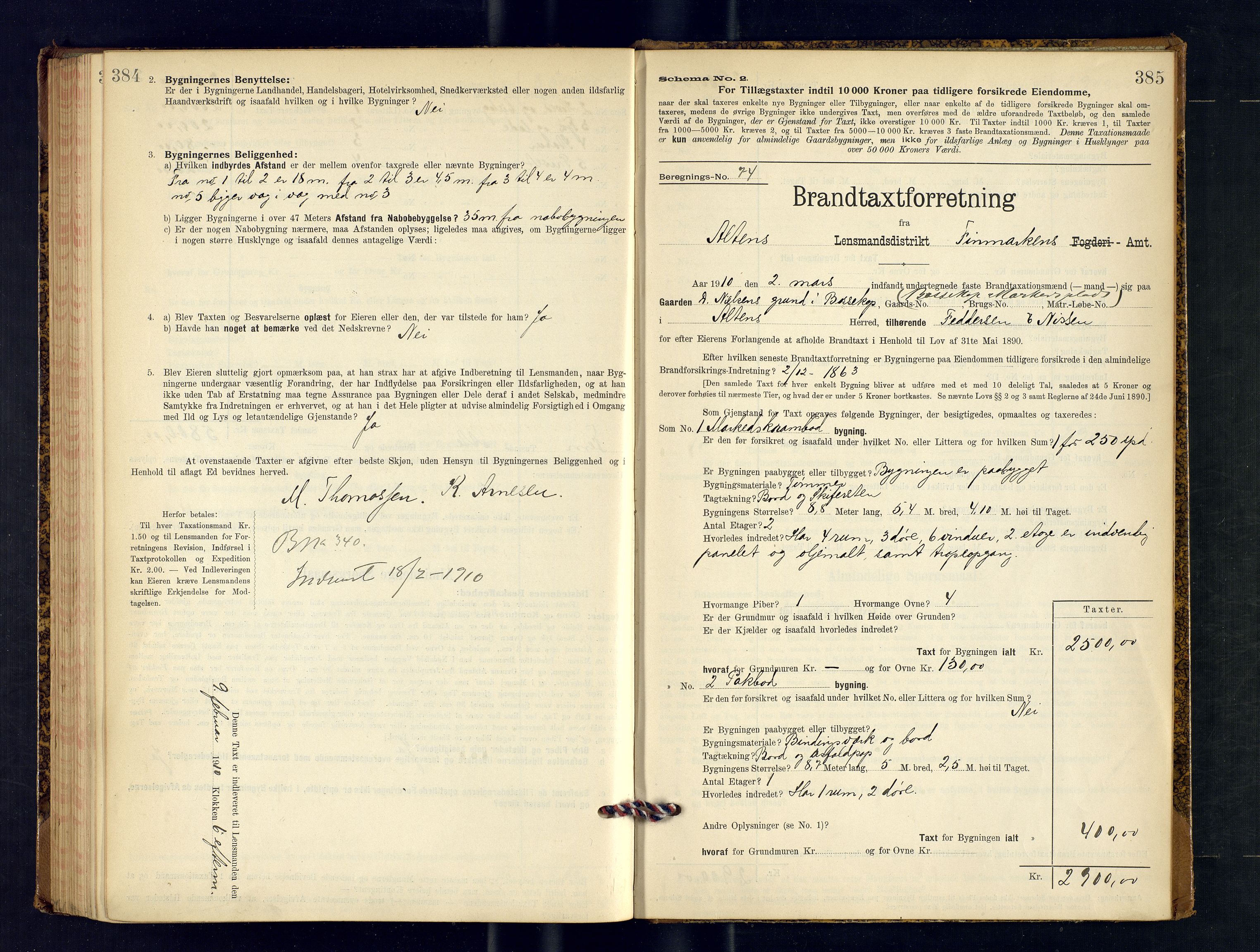 Alta lensmannskontor, AV/SATØ-S-1165/O/Ob/L0169: Branntakstprotokoll, 1901-1910, s. 384-385