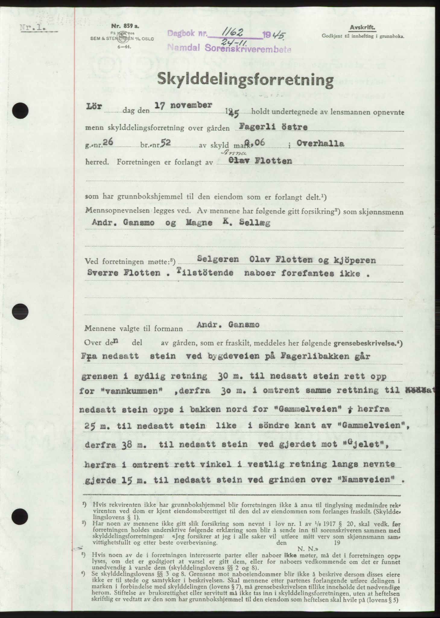 Namdal sorenskriveri, SAT/A-4133/1/2/2C: Pantebok nr. -, 1944-1945, Dagboknr: 1162/1945