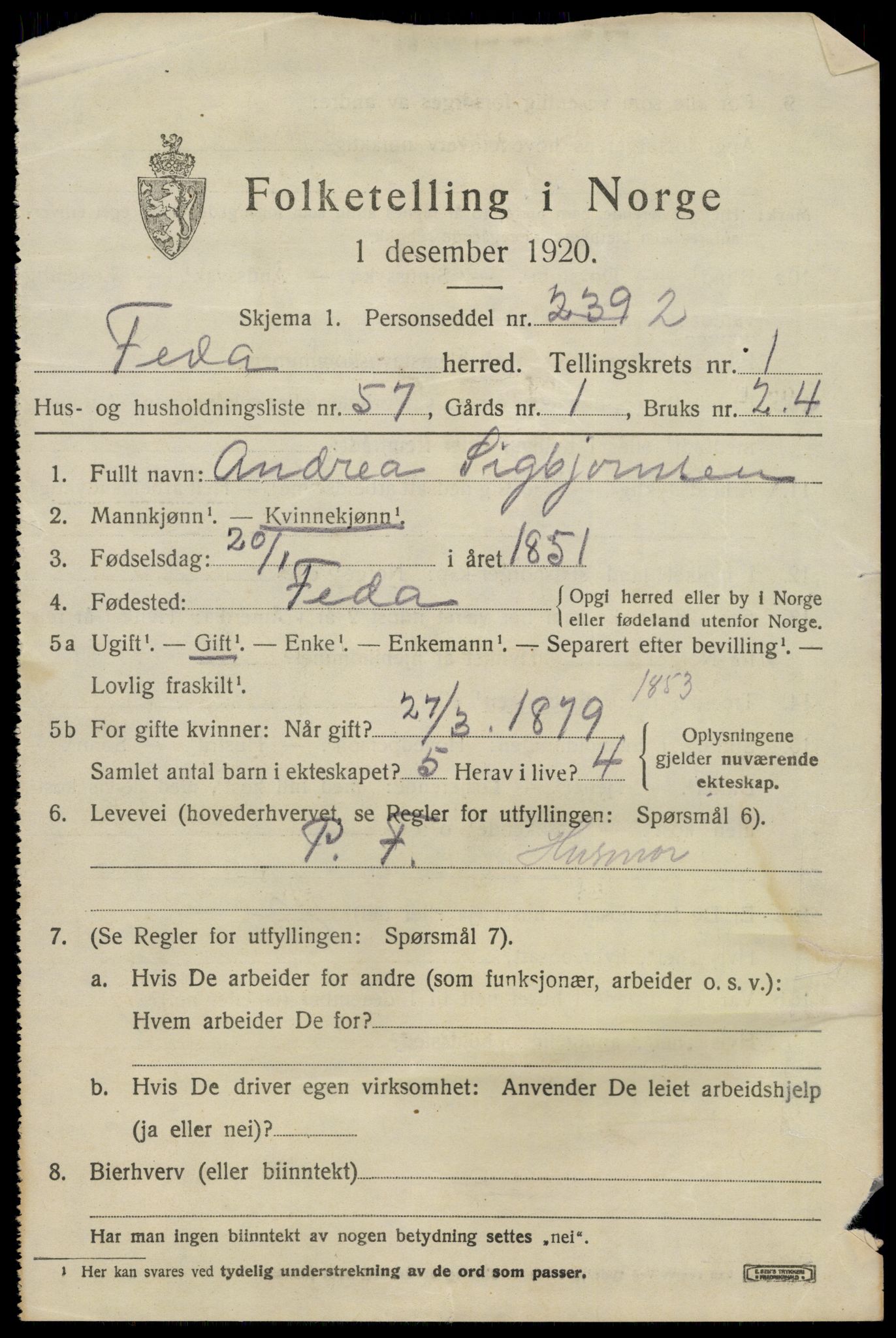 SAK, Folketelling 1920 for 1038 Feda herred, 1920, s. 929