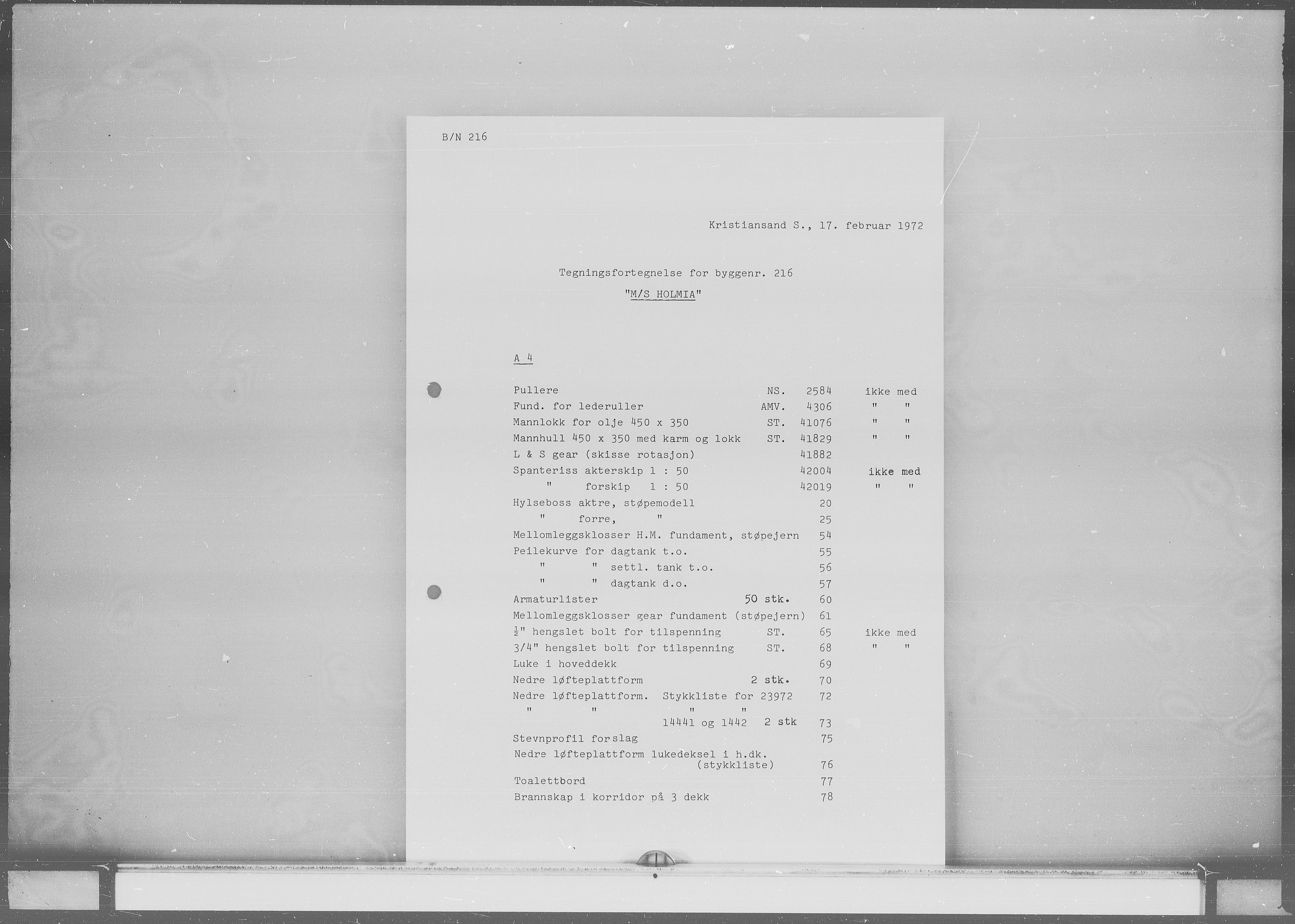 Kristiansand Mekaniske Verksted, SAK/D/0612/G/Ga/L0007: 36 mm mikrofilmruller, reprofoto av skipstegninger, byggenr. 211-222, s. 3