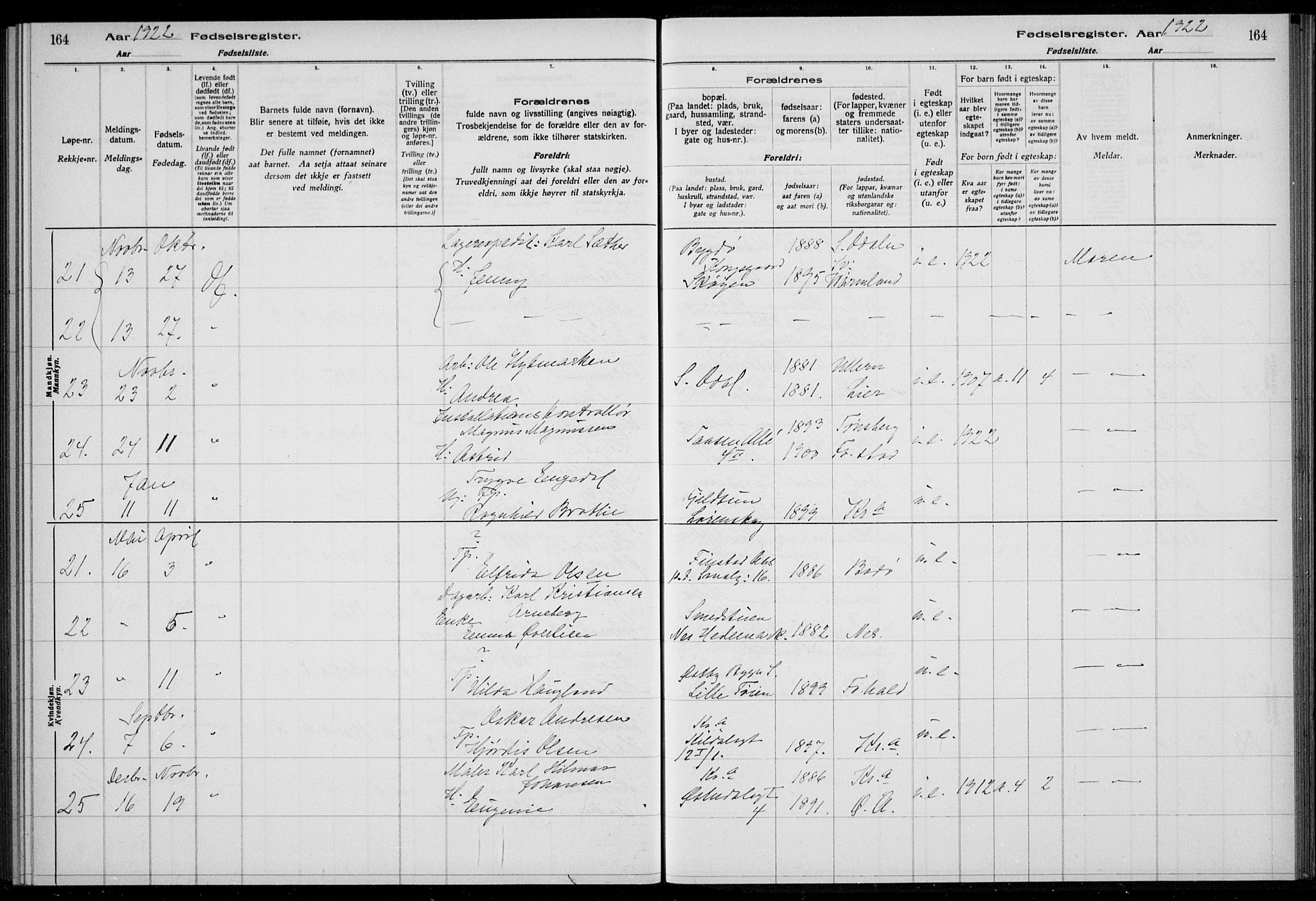 Rikshospitalet prestekontor Kirkebøker, AV/SAO-A-10309b/J/L0007: Fødselsregister nr. 7, 1922-1922, s. 164