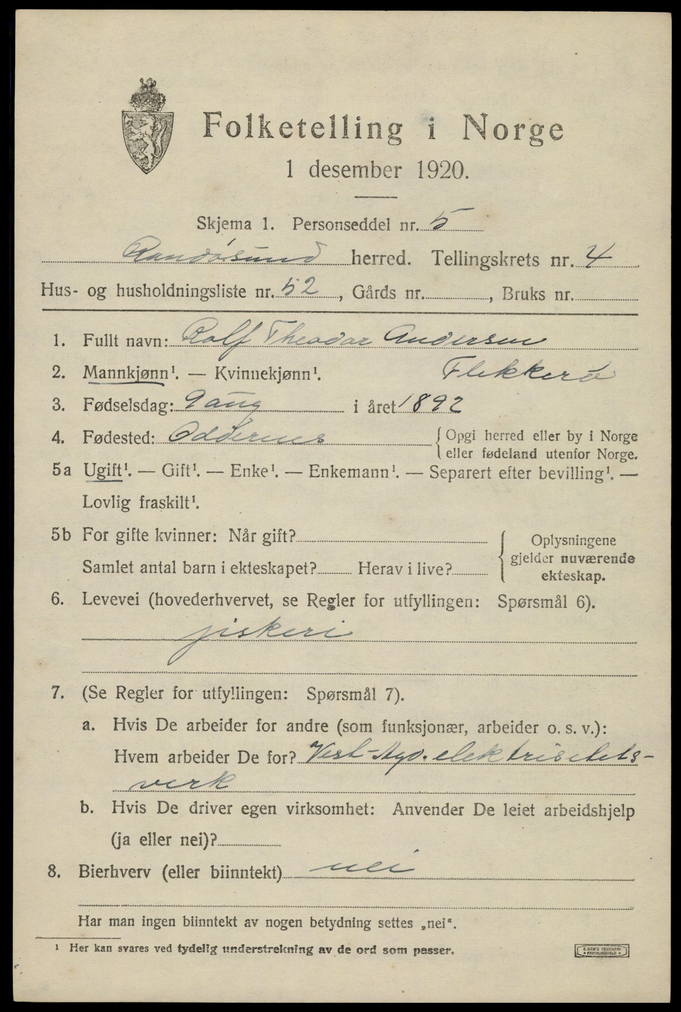 SAK, Folketelling 1920 for 1011 Randesund herred, 1920, s. 2308