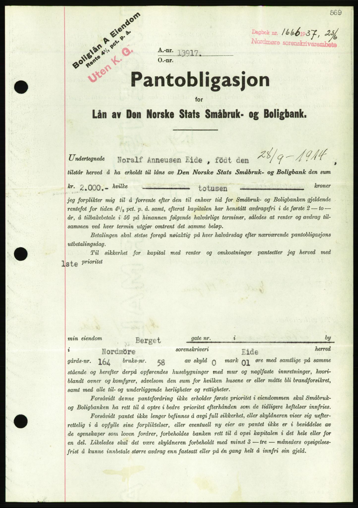 Nordmøre sorenskriveri, AV/SAT-A-4132/1/2/2Ca/L0091: Pantebok nr. B81, 1937-1937, Dagboknr: 1666/1937