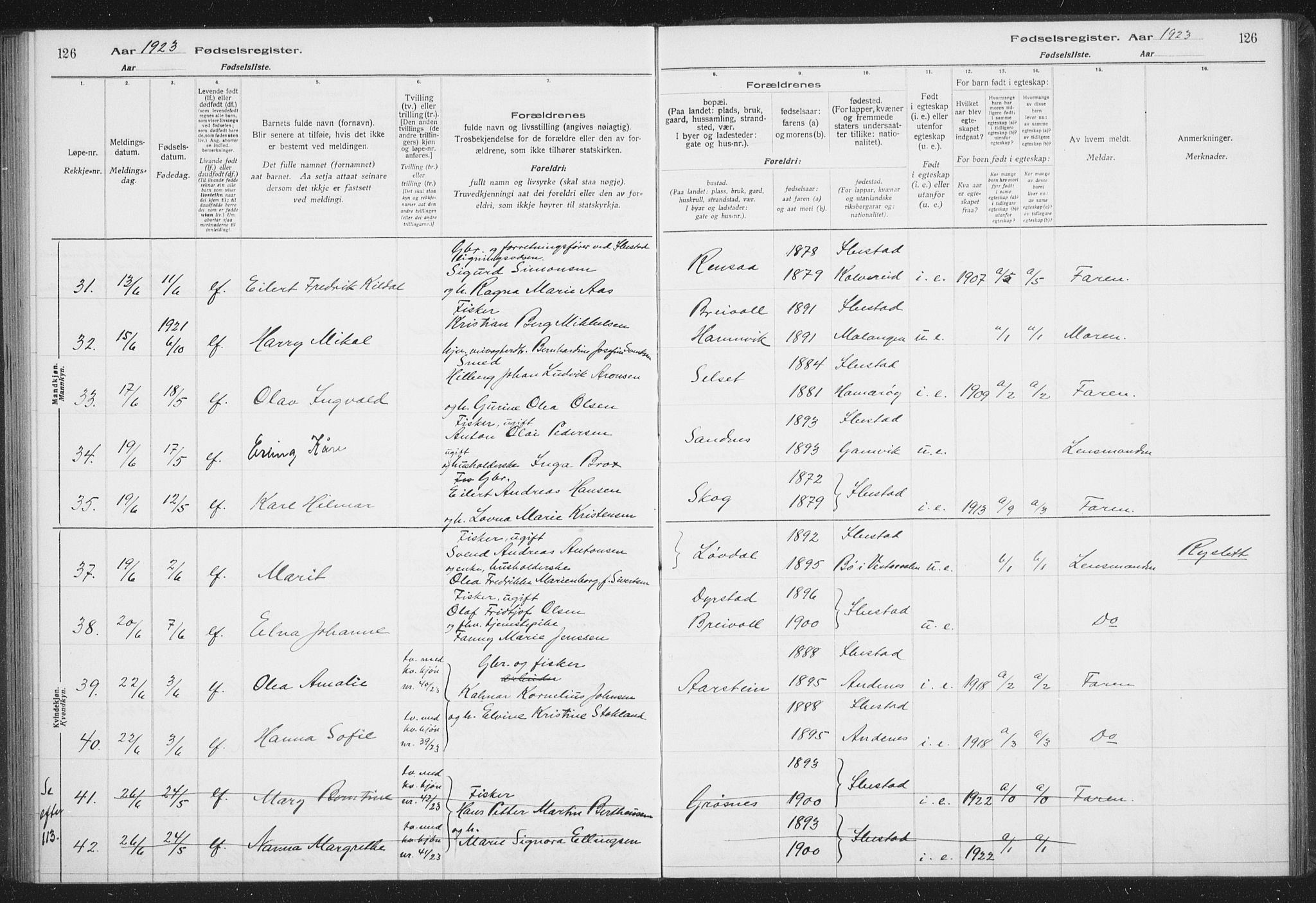 Ibestad sokneprestembete, AV/SATØ-S-0077/I/Ic/L0061: Fødselsregister nr. 61, 1917-1929, s. 126