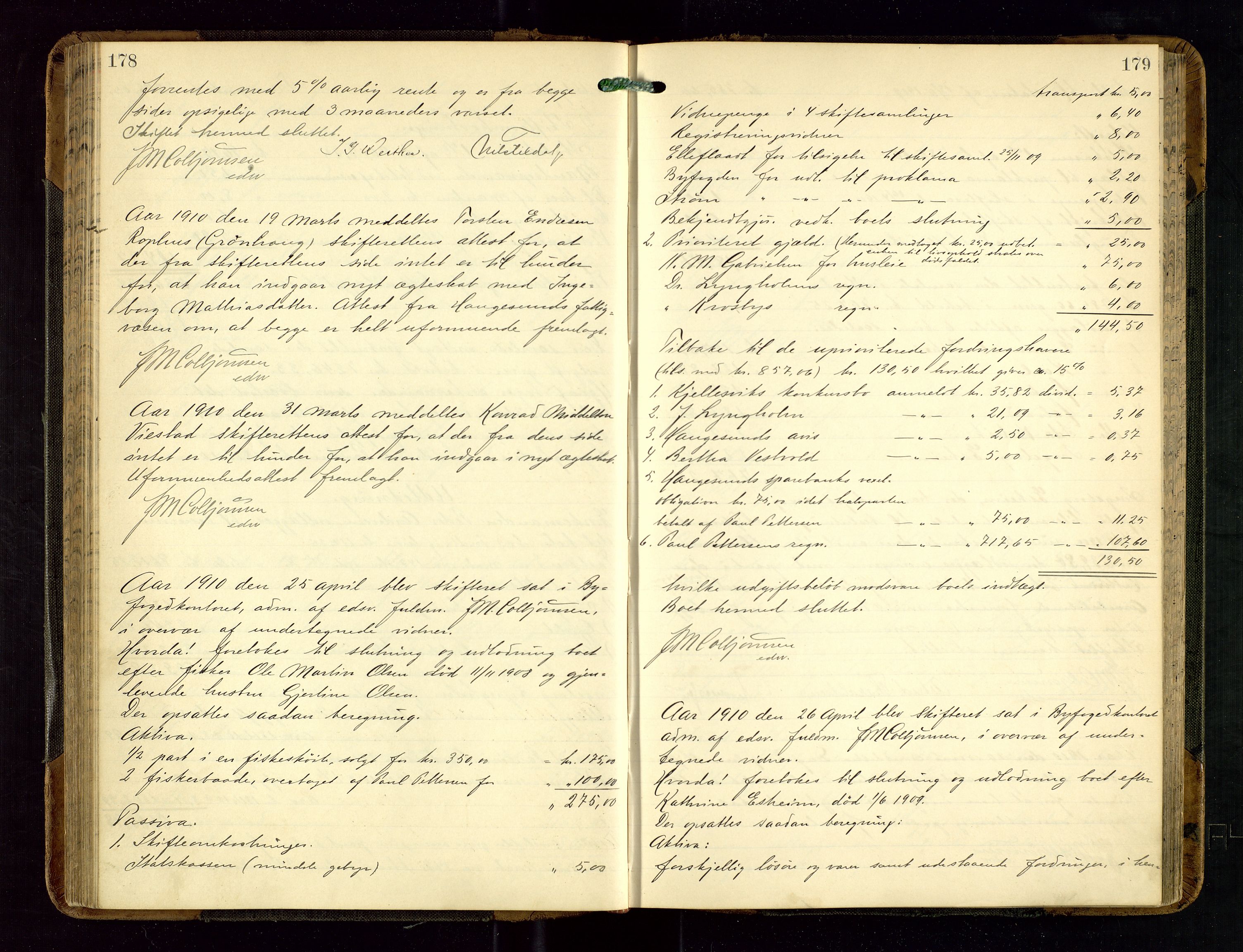 Haugesund tingrett, AV/SAST-A-101415/01/IV/IVD/L0002: Skifteutlodningsprotokoll, med register, 1904-1915, s. 178-179