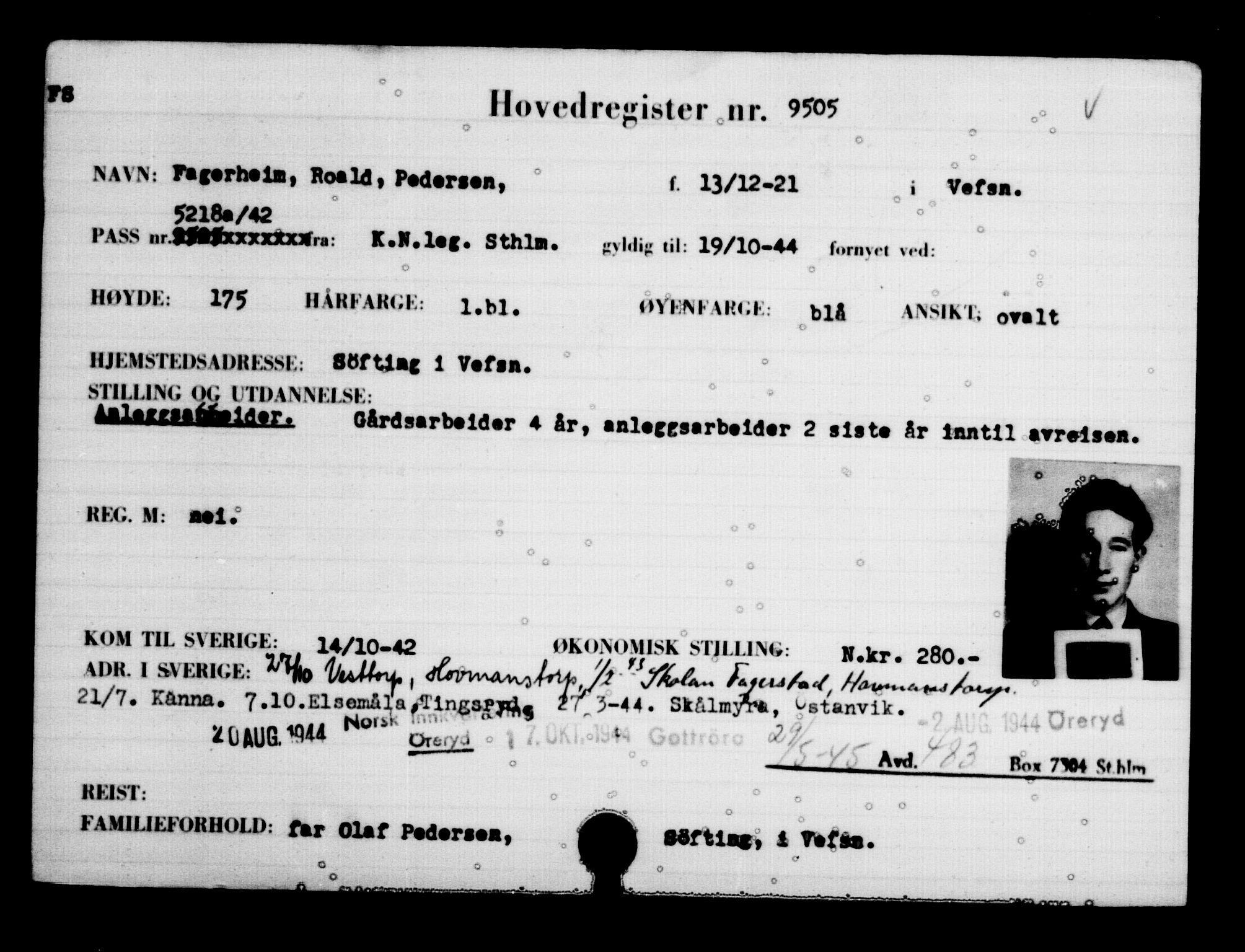 Utenriksstasjonene, Legasjonen i Stockholm, Flyktningkontoret, AV/RA-S-6753/V/Va/L0006: Kjesäterkartoteket, flyktninger med registreringsnr. 9400-12711, 1940-1945, s. 112