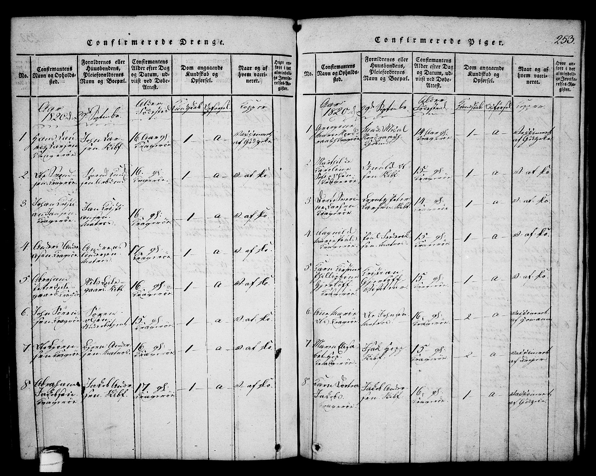Kragerø kirkebøker, AV/SAKO-A-278/G/Ga/L0002: Klokkerbok nr. 2, 1814-1831, s. 253