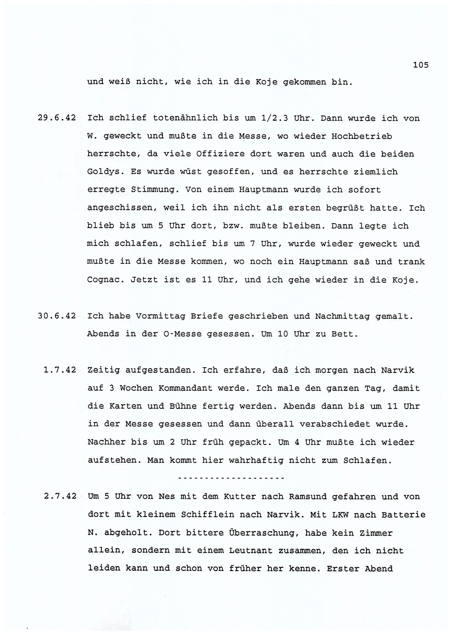 Dagbokopptegnelser av en tysk marineoffiser stasjonert i Norge , FMFB/A-1160/F/L0001: Dagbokopptegnelser av en tysk marineoffiser stasjonert i Norge, 1941-1944, s. 105