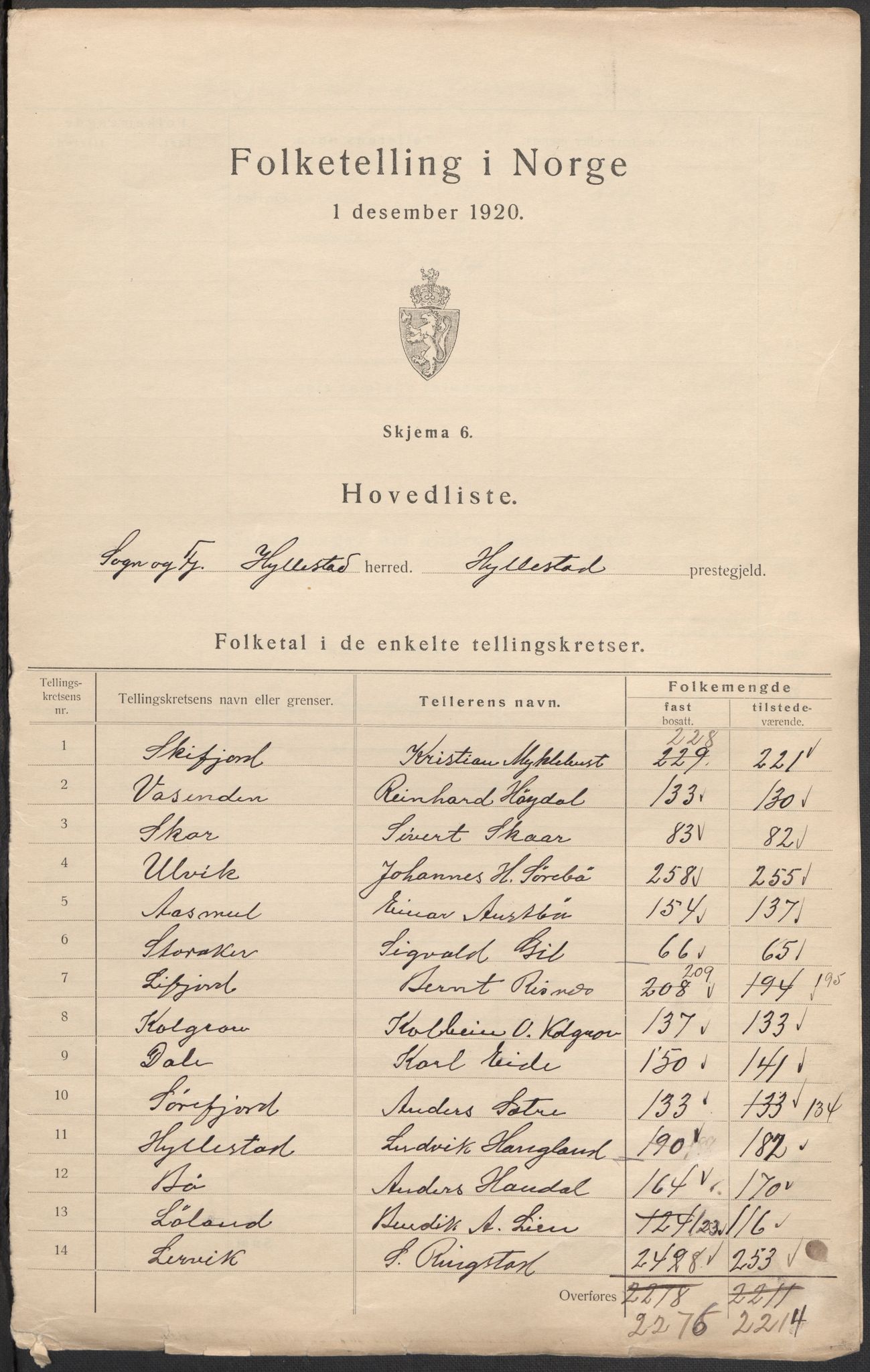 SAB, Folketelling 1920 for 1413 Hyllestad herred, 1920, s. 2