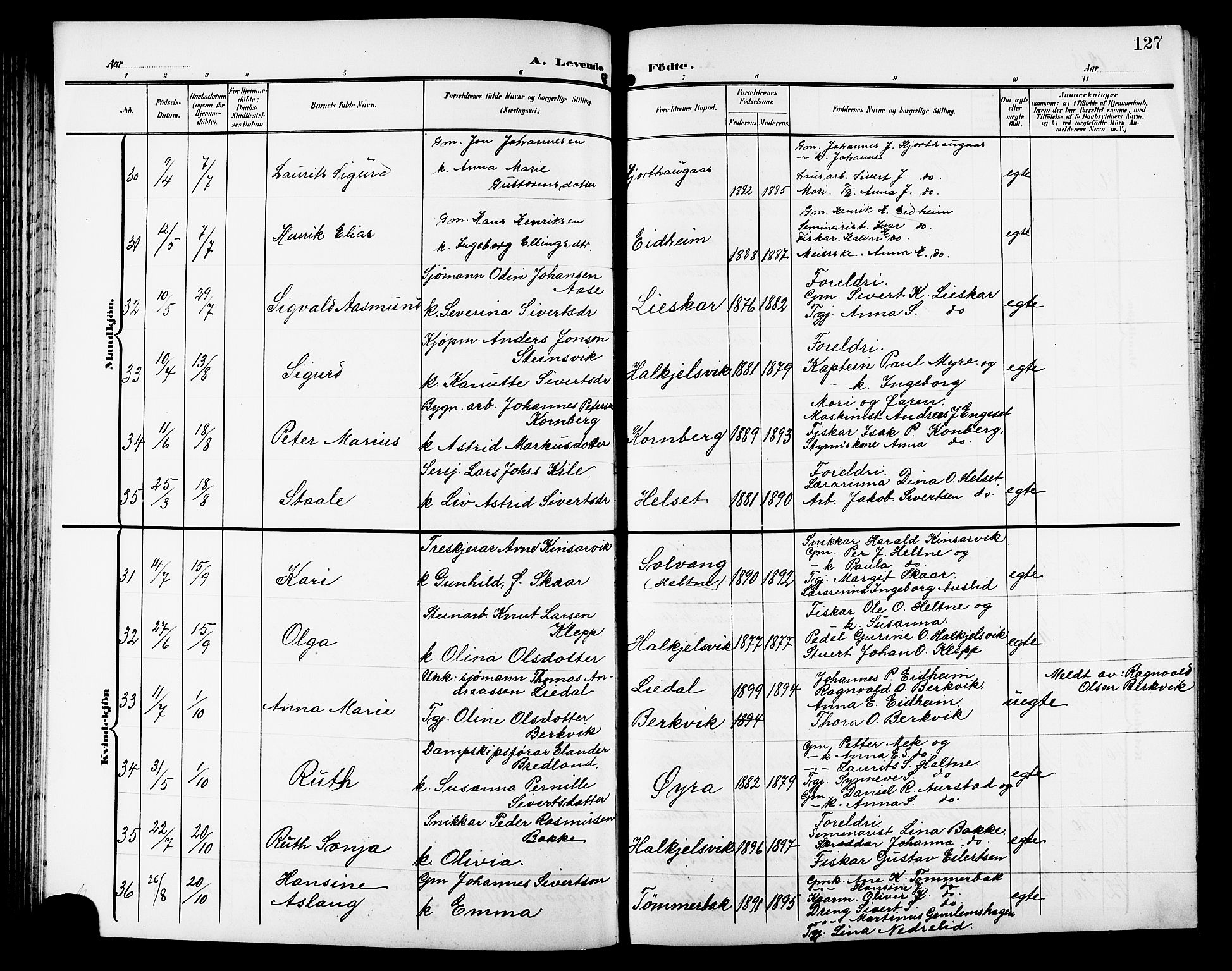 Ministerialprotokoller, klokkerbøker og fødselsregistre - Møre og Romsdal, SAT/A-1454/511/L0159: Klokkerbok nr. 511C05, 1902-1920, s. 127